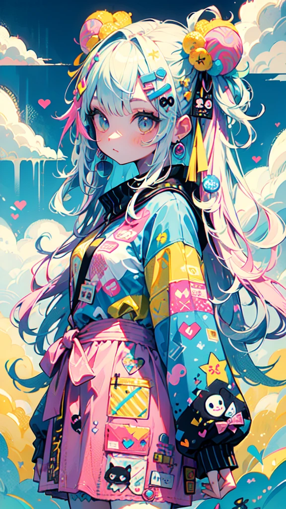 "kawaii, Cute, Adorable girl in pink, yellow, and baby blue color scheme. She wears sky-themed clothing with clouds and sky motifs. Her outfit is fluffy and soft, With decora accessories like hair clips. She embodies a vibrant and trendy Harajuku fashion style."