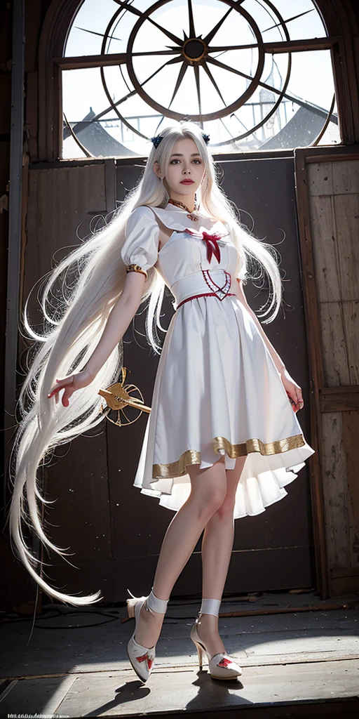 portrait, long hair, white hair, golden eyes, 1girl, head, face, magical girl, absurdres, masterpiece, best quality, magical girl costume, ((mahou shoujo)), short hair, desolation, ruins, dynamic pose, apocalypse, spellcasting, Style-Glass, full body shot
