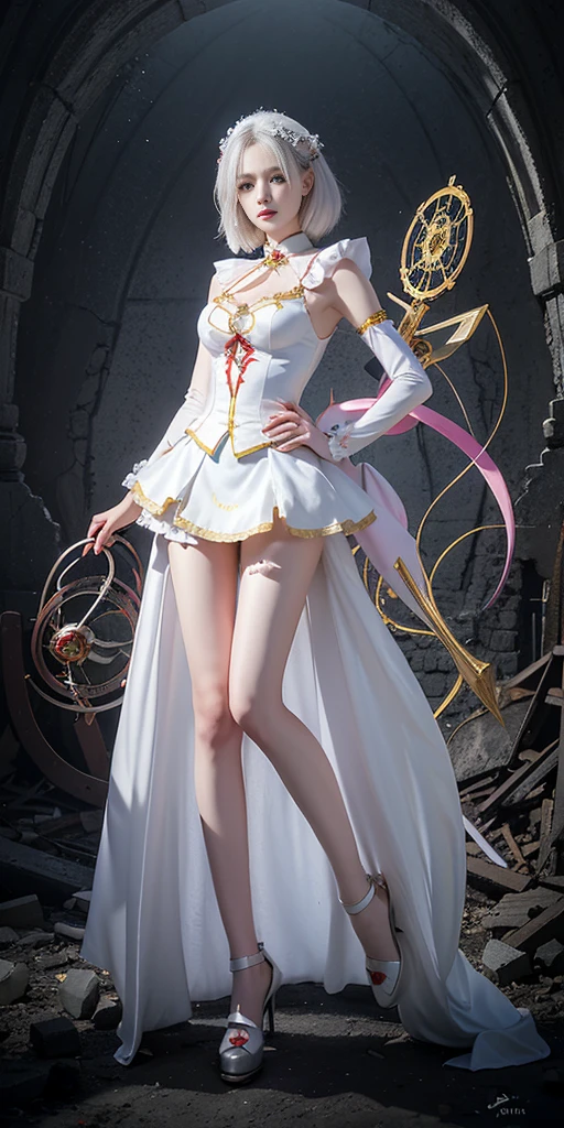 portrait, long hair, white hair, golden eyes,  1girl, head, face, magical girl, absurdres, masterpiece, best quality, magical girl costume, ((mahou shoujo)), short hair, desolation, ruins, dynamic pose, apocalypse, spellcasting, Style-Glass, full body shot
