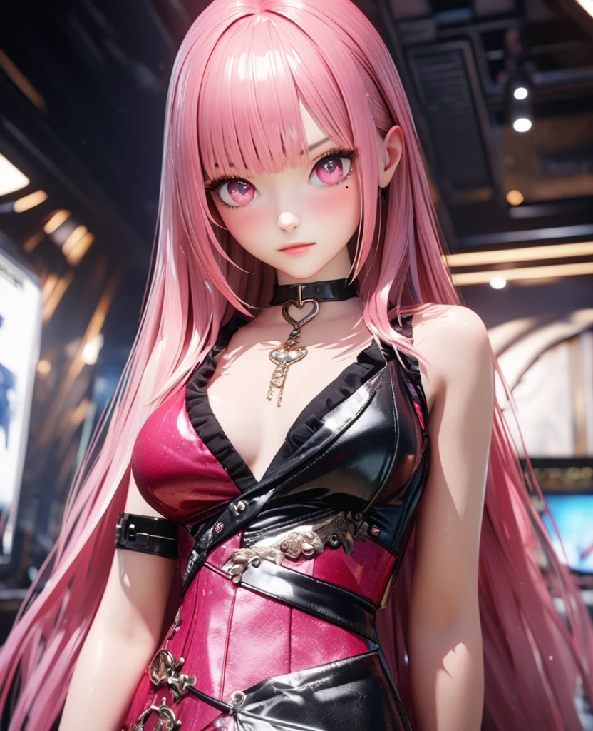 masterpiece,highest quality, Very detailed, High resolution, expensive resolution, High resolution, 4K, 8k, unity 8k wallpaper, Very detailed CG, masterpiece, 2D, 3D, Beautiful details, depth, Fine texture , highest quality: 1.3, Fully focused, Crispy.skin, .he,
Very cute anime girl 、idol, bikini、Large Breasts、Pink medium-long hair wearing expensive , Mole under the eye, looking at the viewer , expensive , blush, Mole, Lips parted, Pink Eyes, Heart-shaped choker smile
