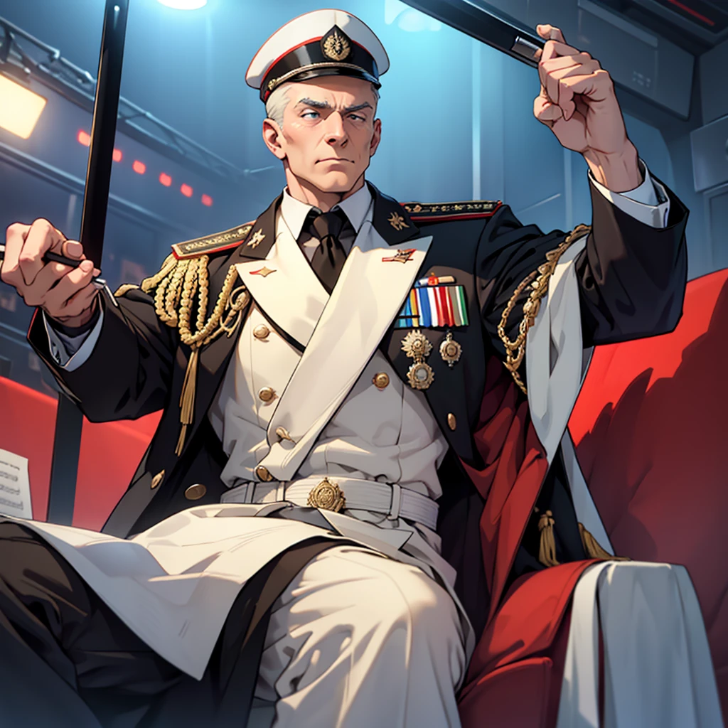 Ridiculous resolution,A high resolution,(tmasterpiece:1.4),MacArthur,Reclining in a chair,Smoke cigars,A smug expression