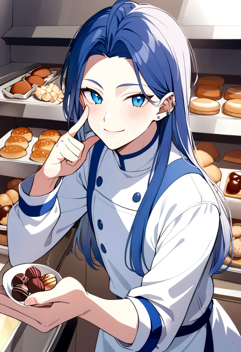 1man, 25 years old, flirty, dark blue shoulder long hair, one side the hair is tucked behind his ear with piercings, blue eyes, flirty expression and smile, pointing a finger to his cheek, holding a praline in his other hand, wearing bakers uniform, in a bakery