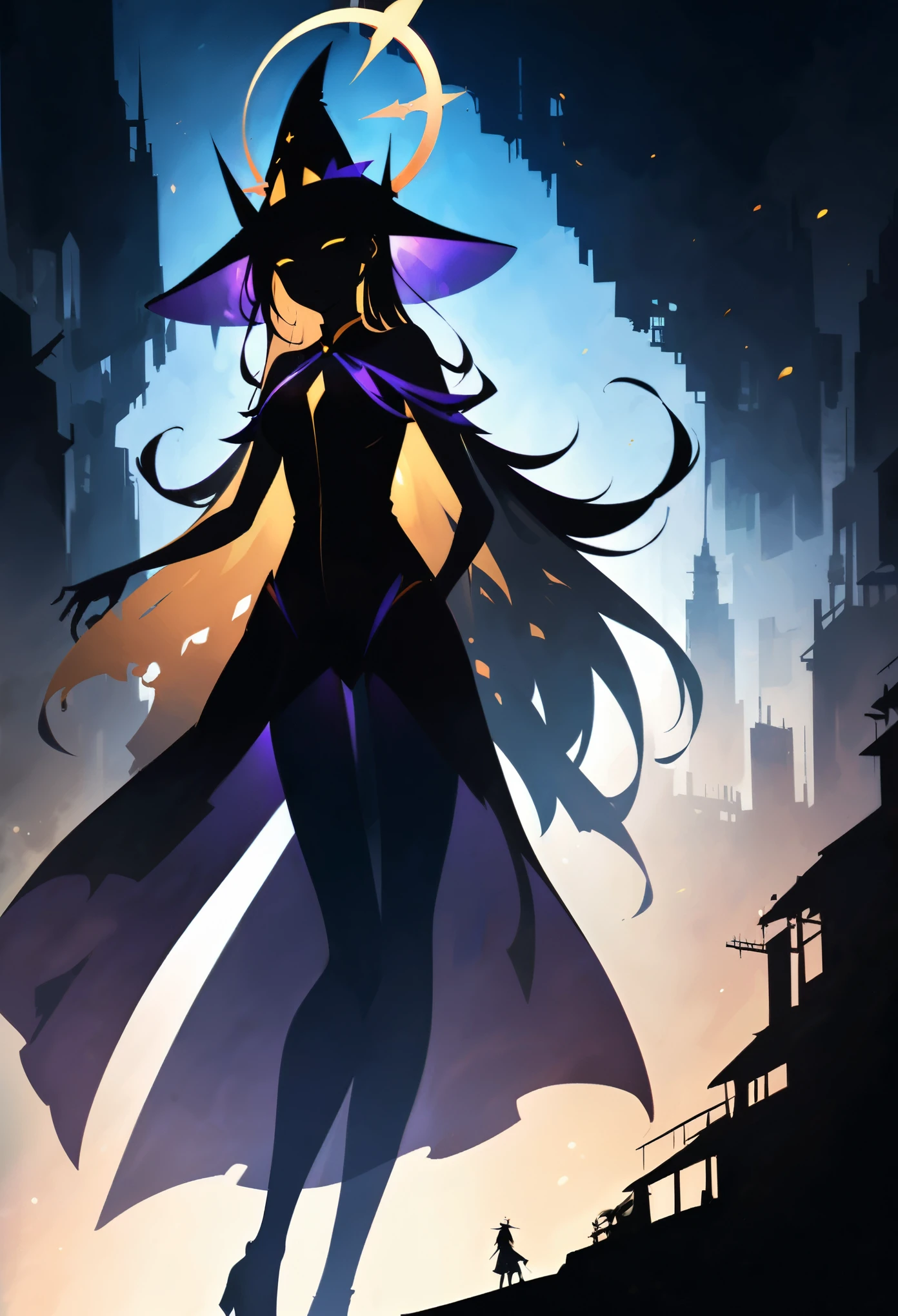 (Double Exposure:1.5)，in style of Thierry Mugler，The magical witch from the nebula fantasy,Witch costumes and the hazy city，Halo，Japanese anime style，(Dark atmosphere:1.2)，(Extreme shadows:1.2)，(Witch in the shadows:1.2)，