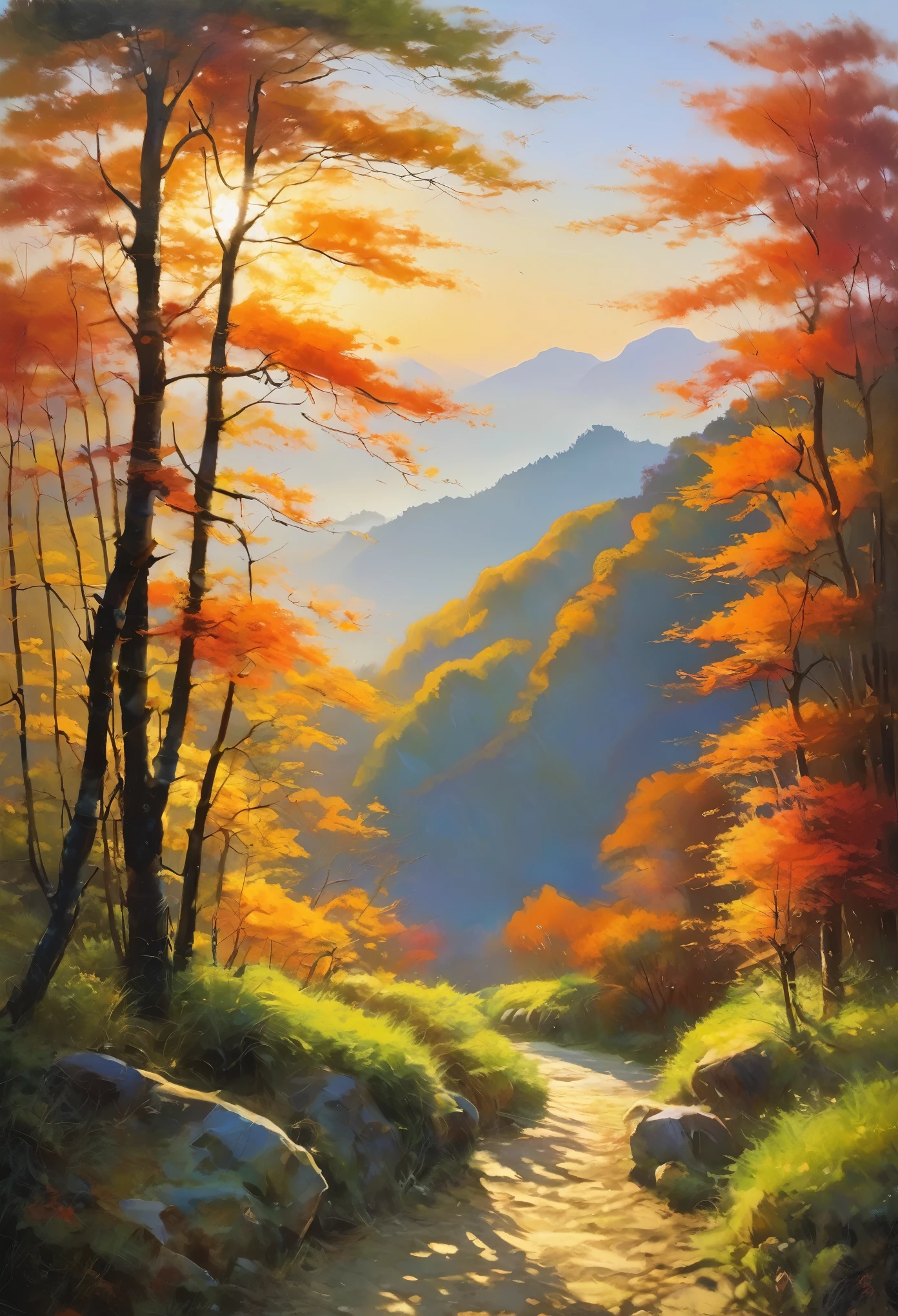 Painter of Light, Impressionist painting, Oil, Sunrise scenery in Satoyama, The forest is boldly depicted, Improvised brush strokes、Distant view of rocky mountains, Completely shrouded in fog, Accented with the rising sun, Xu々Expressing the brightening sky, The soft colors and gentle brushstrokes create a calming atmosphere..。The focus of the image is on the impression、The painting itself is a masterpiece、Perfect Sentence、Bold brushstrokes、Impressionist feeling, The mysterious beauty of that moment, Enhances overall aesthetic appeal。Warm lighting、The viewer is able to immerse themselves in the serenity and beauty of the depicted moment.。The image is、Truly capturing the essence of painting、Highest quality with high resolution and ultra-detailed rendering。The art style is、Emphasis on realistic and photorealistic expression、伝統的なOilの技法を反映。The color is warm and attractive、Highlight the rich colors of a sunset、Add depth and dimension to the entire scene。
