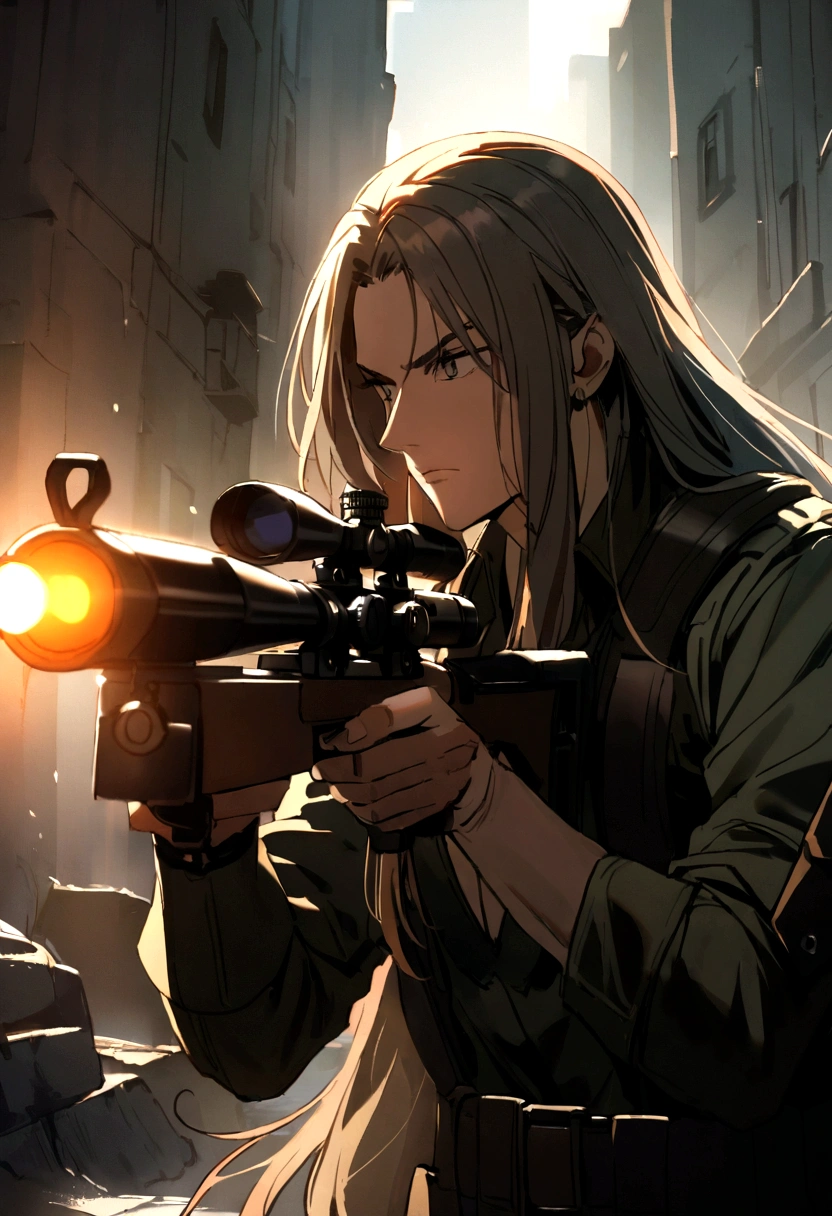 1 The man was a mercenary with long hair, aiming a sniper rifle.