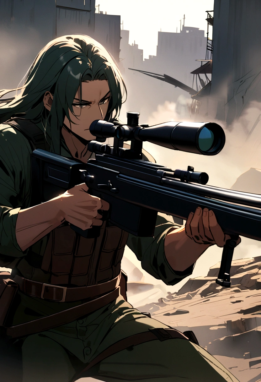 1 The man was a mercenary with long hair, aiming a sniper rifle.