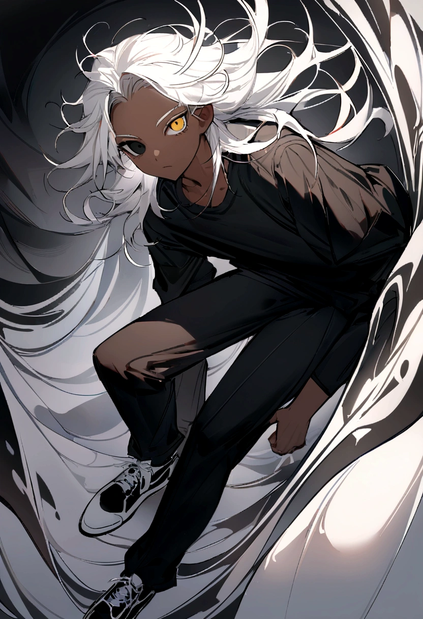 (best qualityer, work of art, colorfully, dynamic angle, highest detailed)It has a black shirt with silver details, a black hunt, and black and white sneakers ,yellow and black eyes heterochromia, dark expression , Messy hair , Medium length hair , 1 men , black and white hair more black than white , two tone hair , dark skin color has, is using the malevolent sanctuary domino expansion (details Intricate, hyperdetalhado:1.15)