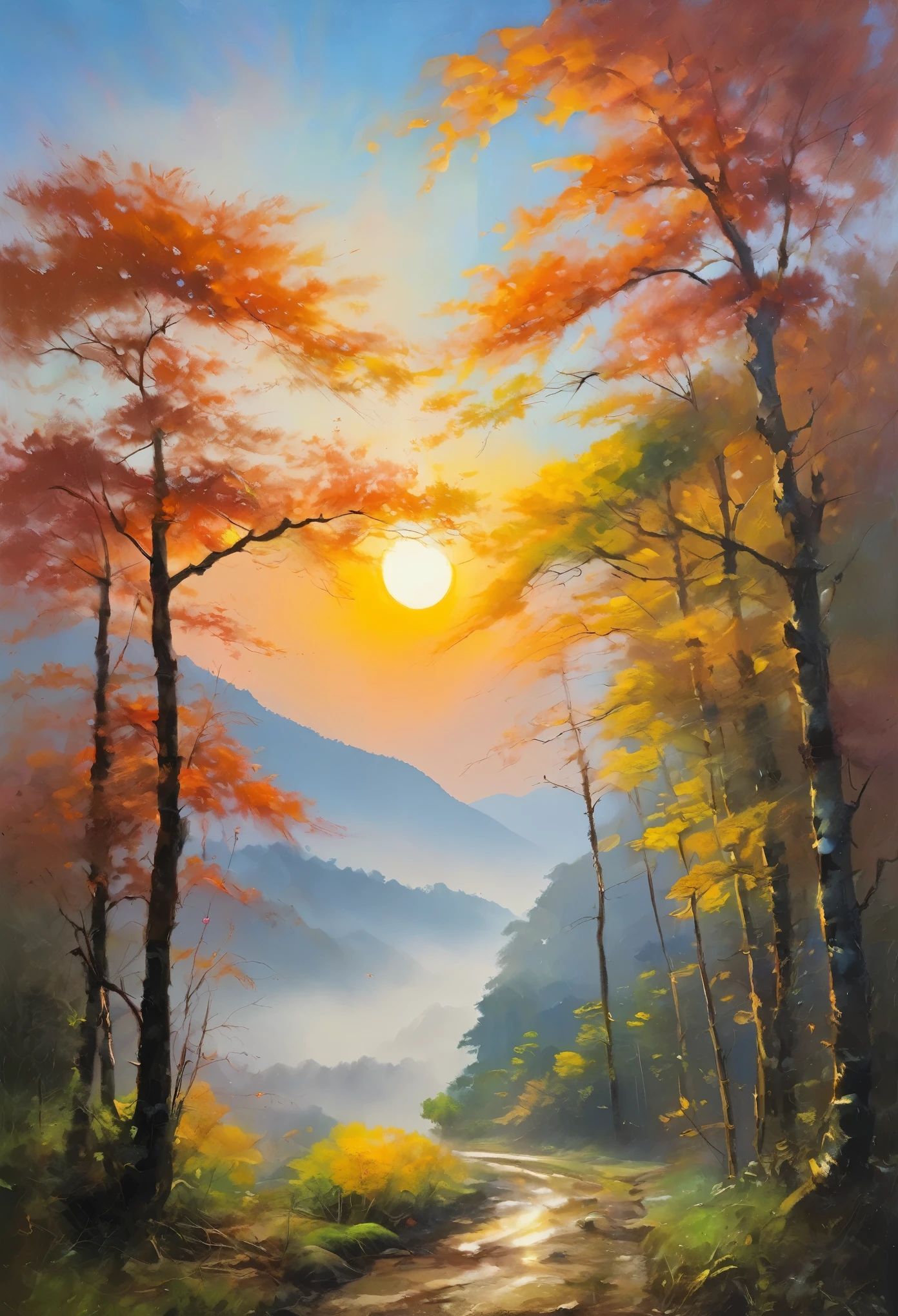 Painter of Light, Impressionist painting, Oil, Sunrise scenery in Satoyama, The forest is boldly depicted, Improvised brush strokes、Distant view of rocky mountains, Completely shrouded in fog, Accented with the rising sun, Xu々Expressing the brightening sky, The soft colors and gentle brushstrokes create a calming atmosphere..。The focus of the image is on the impression、The painting itself is a masterpiece、Perfect Sentence、Bold brushstrokes、Impressionist feeling, The mysterious beauty of that moment, Enhances overall aesthetic appeal。Warm lighting、The viewer is able to immerse themselves in the serenity and beauty of the depicted moment.。The image is、Truly capturing the essence of painting、Highest quality with high resolution and ultra-detailed rendering。The art style is、Emphasis on realistic and photorealistic expression、伝統的なOilの技法を反映。The color is warm and attractive、Highlight the rich colors of a sunset、Add depth and dimension to the entire scene。