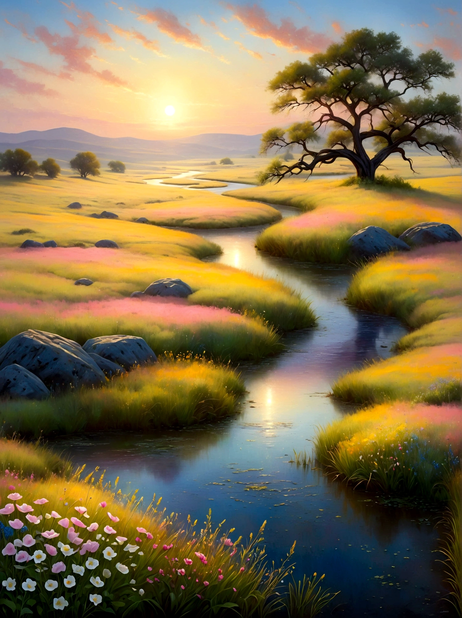 (Sunrise Time:1.6), A serene image of an enchanting landscape at dawn. The sky is painted with the first light of day - soft pinks, warm yellows, and gentle blues intermingling to greet the morning. In the foreground, dew-kissed grasslands stretch out to the horizon, dotted with the early blooms of wildflowers in a spectrum of colors. A tranquil stream meanders peacefully through the scene, mirroring the awakening sky above. A solitary tree, alive with the songs of morning birds, stands proudly at the edge of the meadow. The overall ambiance conveys a sense of peace, freshness, and the breathtaking beauty of nature's awakening，They are in a deep state of contemplation, the serene atmosphere around them speaks of tranquility and solitude, The perspective is from a wide-angle view emphasizing the immense scope of the breathtaking landscape filled with natural elements, The image should evoke a sense of drama and magnitude with the effective use of light and shade