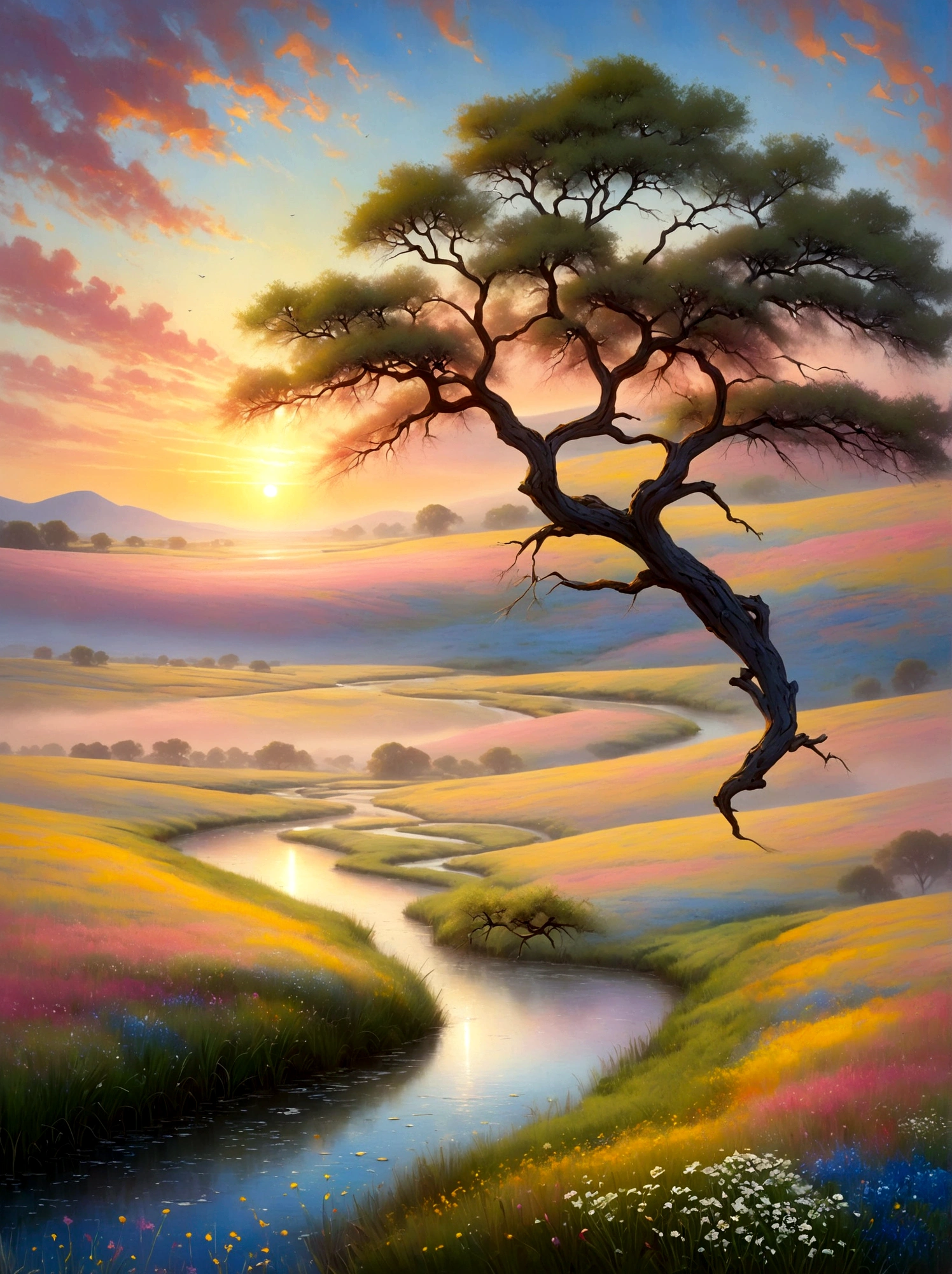 (Sunrise Time:1.6), A serene image of an enchanting landscape at dawn. The sky is painted with the first light of day - soft pinks, warm yellows, and gentle blues intermingling to greet the morning. In the foreground, dew-kissed grasslands stretch out to the horizon, dotted with the early blooms of wildflowers in a spectrum of colors. A tranquil stream meanders peacefully through the scene, mirroring the awakening sky above. A solitary tree, alive with the songs of morning birds, stands proudly at the edge of the meadow. The overall ambiance conveys a sense of peace, freshness, and the breathtaking beauty of nature's awakening，They are in a deep state of contemplation, the serene atmosphere around them speaks of tranquility and solitude, The perspective is from a wide-angle view emphasizing the immense scope of the breathtaking landscape filled with natural elements, The image should evoke a sense of drama and magnitude with the effective use of light and shade