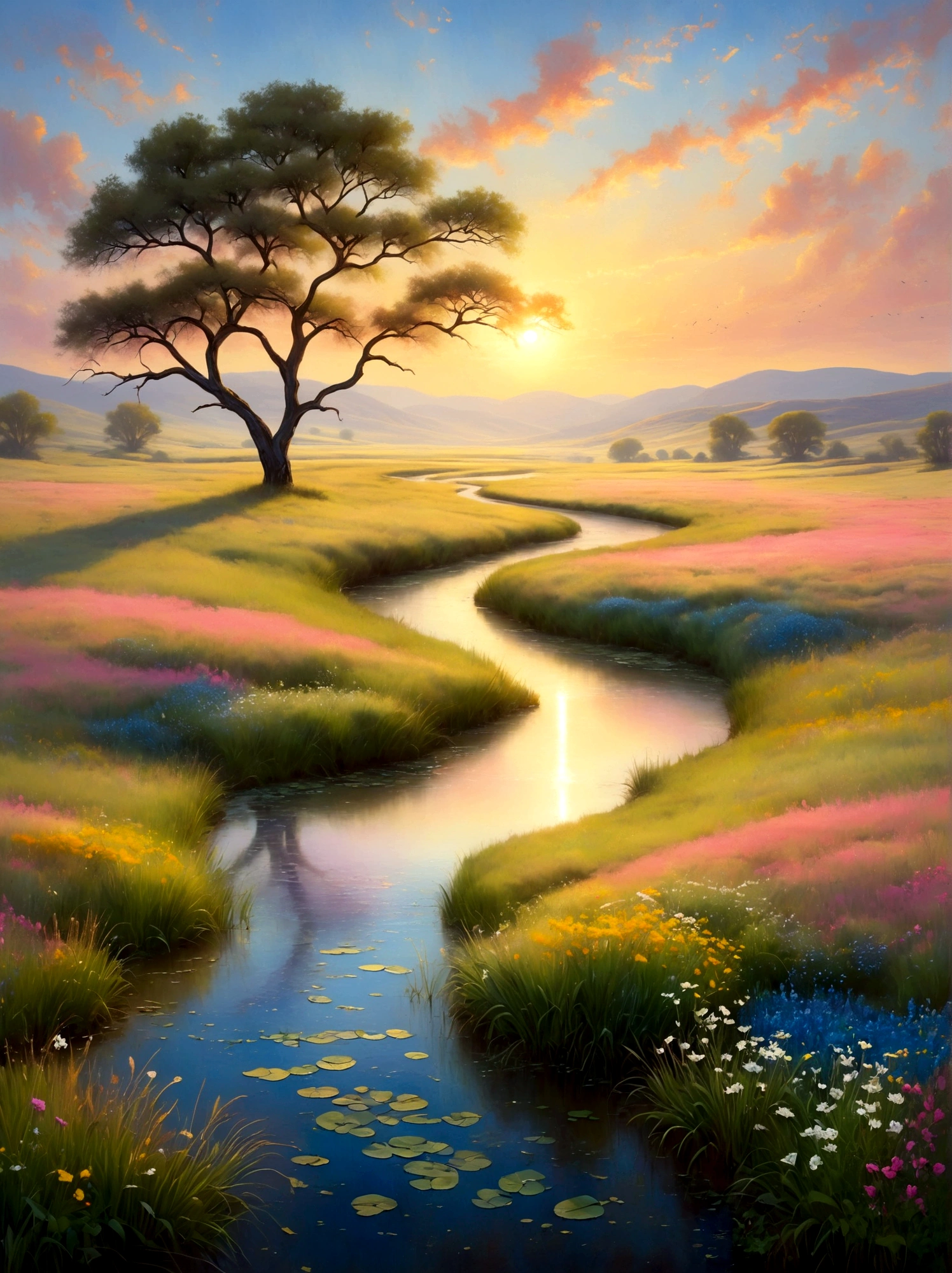 (Sunrise Time:1.6), A serene image of an enchanting landscape at dawn. The sky is painted with the first light of day - soft pinks, warm yellows, and gentle blues intermingling to greet the morning. In the foreground, dew-kissed grasslands stretch out to the horizon, dotted with the early blooms of wildflowers in a spectrum of colors. A tranquil stream meanders peacefully through the scene, mirroring the awakening sky above. A solitary tree, alive with the songs of morning birds, stands proudly at the edge of the meadow. The overall ambiance conveys a sense of peace, freshness, and the breathtaking beauty of nature's awakening，They are in a deep state of contemplation, the serene atmosphere around them speaks of tranquility and solitude, The perspective is from a wide-angle view emphasizing the immense scope of the breathtaking landscape filled with natural elements, The image should evoke a sense of drama and magnitude with the effective use of light and shade