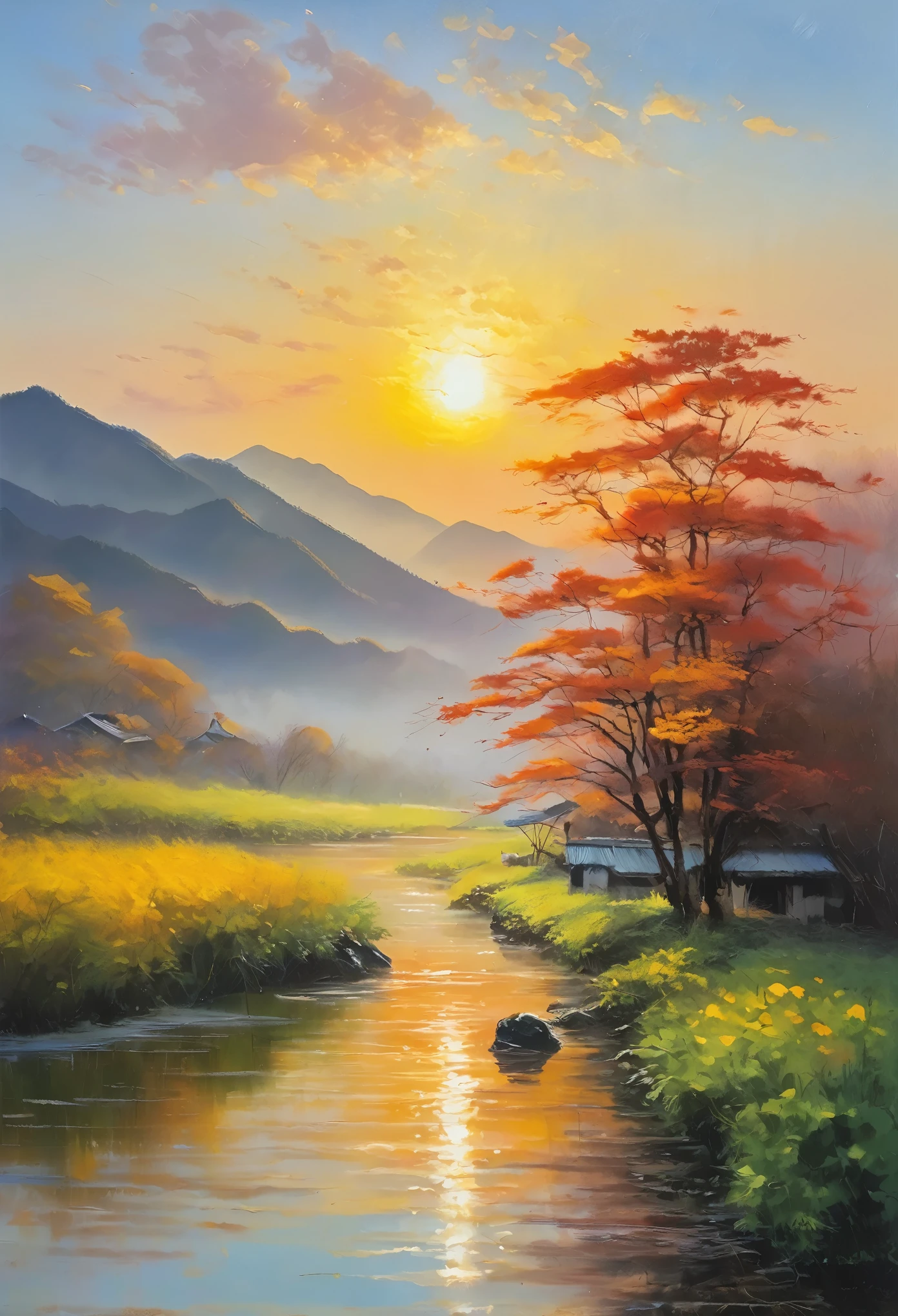 Painter of Light, Impressionist painting, Oil, Sunrise scenery in Satoyama, The forest is boldly depicted, Improvised brush strokes、Distant view of rocky mountains, Completely shrouded in fog, Accented with the rising sun, Xu々Expressing the brightening sky, The soft colors and gentle brushstrokes create a calming atmosphere..。The focus of the image is on the impression、The painting itself is a masterpiece、Perfect Sentence、Bold brushstrokes、Impressionist feeling, The mysterious beauty of that moment, Enhances overall aesthetic appeal。Warm lighting、The viewer is able to immerse themselves in the serenity and beauty of the depicted moment.。The image is、Truly capturing the essence of painting、Highest quality with high resolution and ultra-detailed rendering。The art style is、Emphasis on realistic and photorealistic expression、伝統的なOilの技法を反映。The color is warm and attractive、Highlight the rich colors of a sunset、Add depth and dimension to the entire scene。