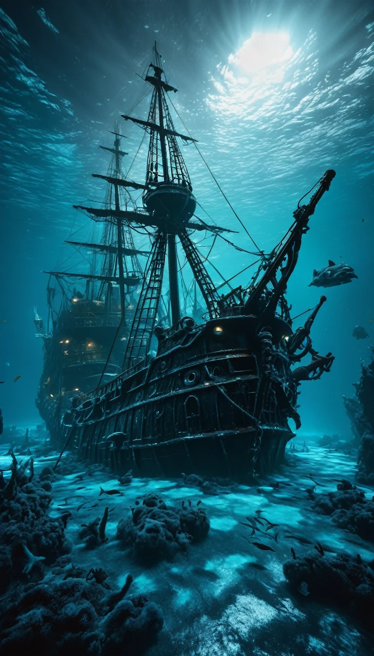 Deep sea scene with sunken pirate ship, Surrounded by icy dark parts that move like ghostly sea creatures in the dark ocean.