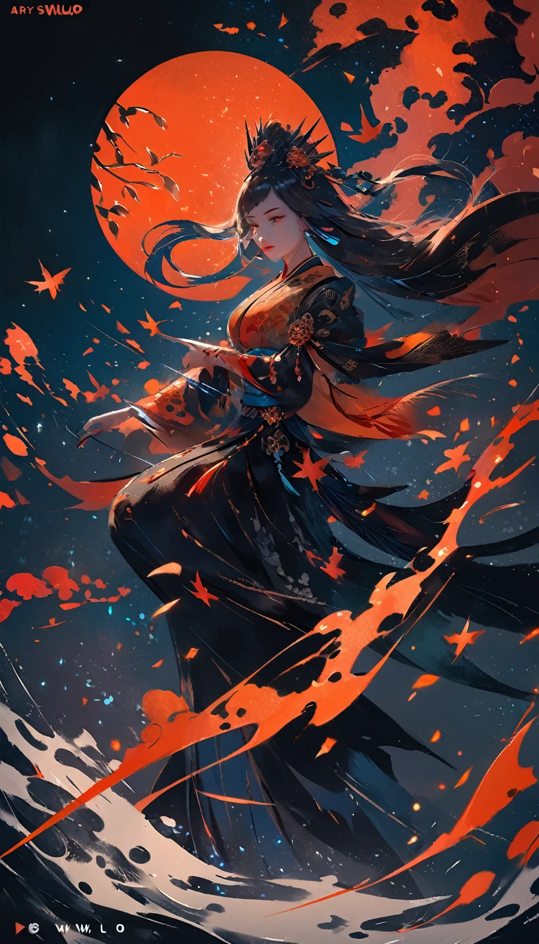 Coverart gorgeous elegant goddess as a mix of raven and psylocke as a ink painting shattering out of a page becoming the stars of the night sky by sui ishida yoji shinkawa yoshitaka amano and wlop in the style of a traditional japanese painting, dynamic sharp colors, fine lines, intricate detail, artstation