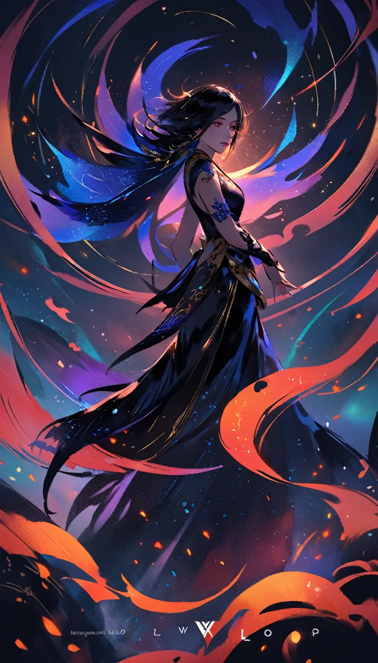 Coverart gorgeous elegant goddess as a mix of raven and psylocke as a ink painting shattering out of a page becoming the stars of the night sky by sui ishida yoji shinkawa yoshitaka amano and wlop in the style of a traditional japanese painting, dynamic sharp colors, fine lines, intricate detail, artstation