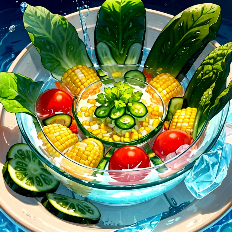Submerged summer vegetables、water flowing、Delicious cucumbers, tomatoes and corn、ice water、Hanging vegetables