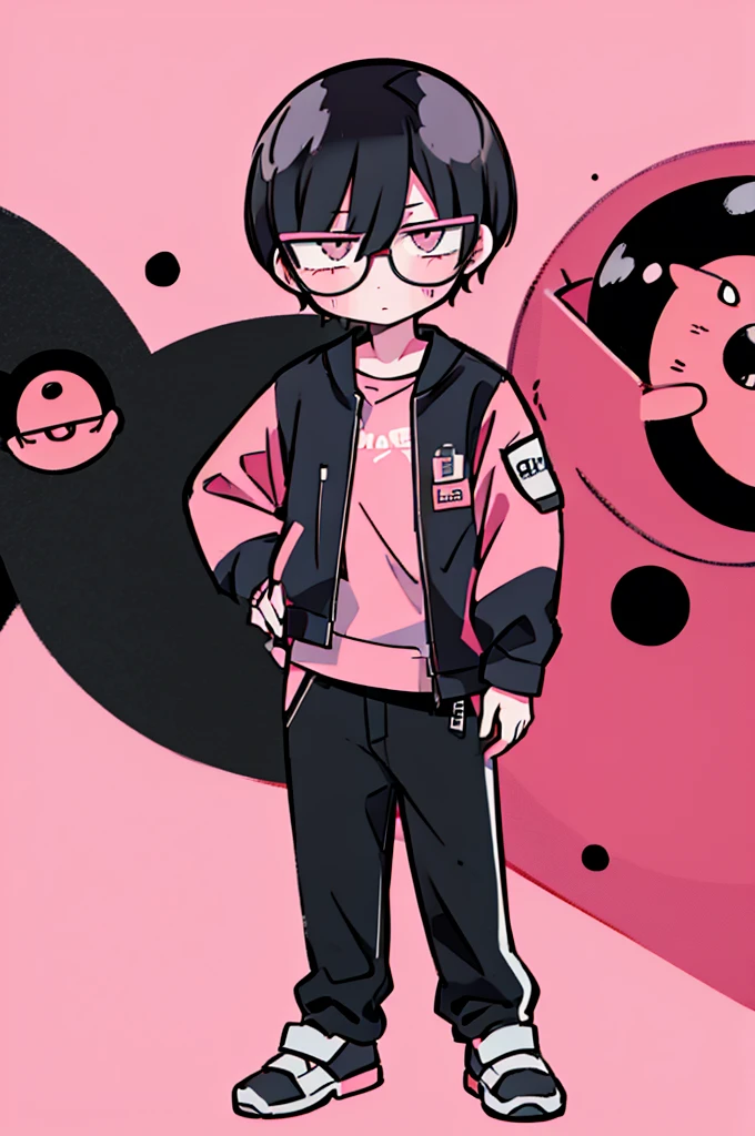 black pants, Sharp image, man, Black hair with pink ends, wearing a pink jacket. , has a dull, bored face, wears round glasses, has short, neat hair,