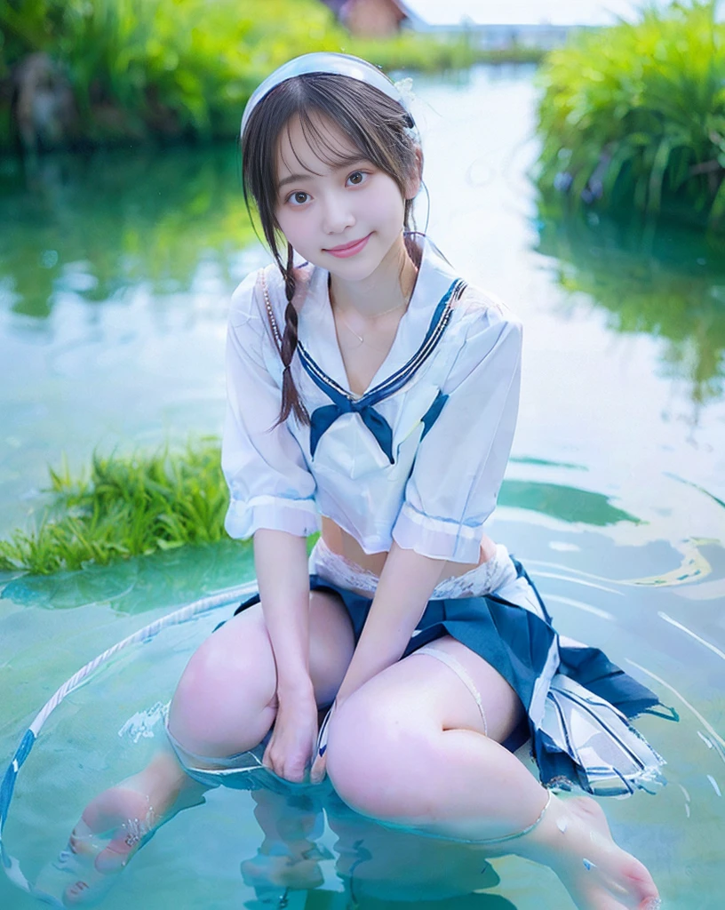 (NFSW)、(High resolution:1.5)、Highest quality,Very detailed,masterpiece,Super detailed,alone,(One 12 year old girl),((Summer School Uniforms:1.5)), Seraphim, ((skirt:1.5)), smile, Thigh fetish images: 1.5、(((barefoot)))、(Her thighs and white bikini reflected in the clear blue water)、(reflected in water:1.5)、((I can see the white string panties:1.5))、(Cleavage)、((Clear blue seawater))、Summer sun、はしゃいだsmile、Beautiful Eyes、(pull-out-panties)、(Panties on knees)、Big necklace and tiara、The water is marine blue、(((Glossy thighs)))