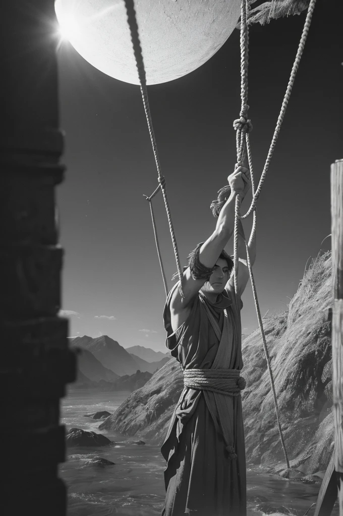 1960s movie still of marcus atilius regulus tied with ropes at pole in direction of the burning sun with blood flowing off his eyes cinestill 800t35 mmb & w, high quality, heavy grain, high detail, texture, dramatic light, anamorphic, hyperrealistic, detailed hair