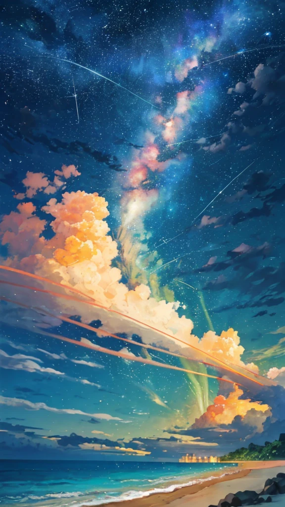 (zoom:1.1), (meteor shower:1.2), (comet:1.1), low angle, arora borealis, shooting star, top quality, masterpiece, clouds, colorful, southeast Asian beach, summer, seascape, small islands