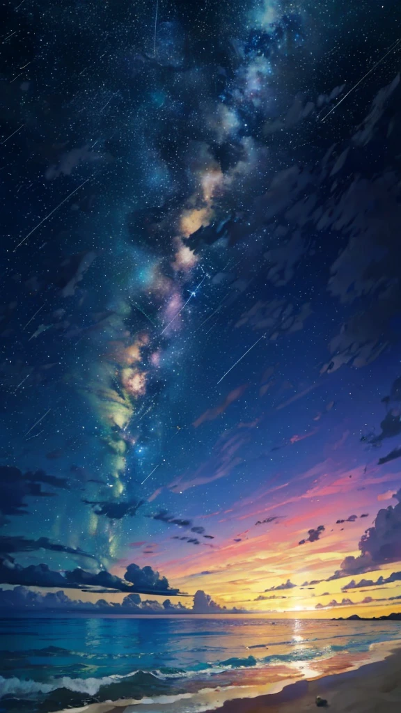 (zoom:1.1), (meteor shower:1.2), (comet:1.1), low angle, arora borealis, shooting star, top quality, masterpiece, clouds, colorful, southeast Asian beach, summer, seascape, small islands