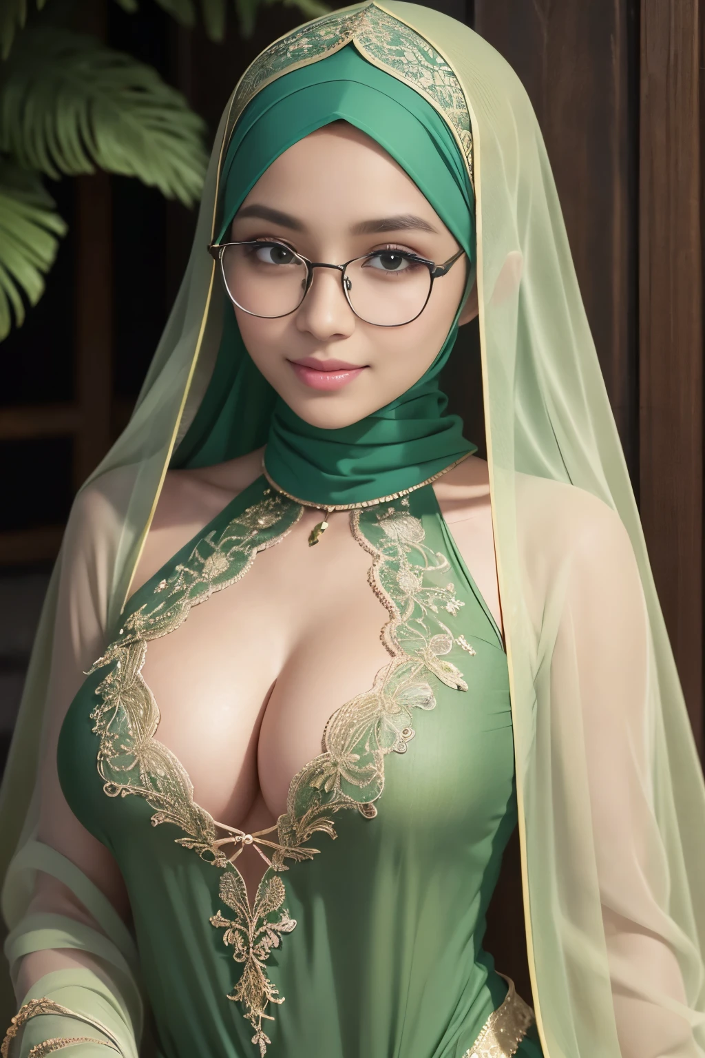swimsuit, green, Glasses, bottomless, Flashy, grandeur, glamor, cleavage, hijabi, Absurd, ultra-detailed, high quality, masterpiece, detailed face, beautiful eyes(detailed eyes), javanese, gentle and graceful, face exudes warmth and kindness, eyes described as soft and comforting, gentle and steady gaze, overall appearance is simple and modest, The fabric of her garments is usually depicted as soft and earth-toned, beauty lies not in extravagant adornments, Her smile is serene and welcoming