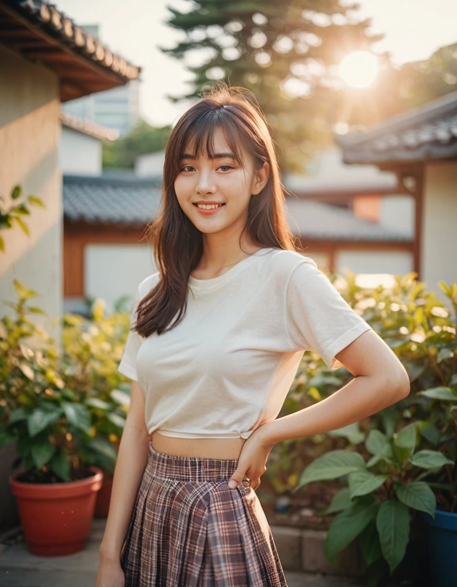 Portrait korean Girl look at camera, long bangs hair,shirt,skirt,large breasts,pose,bokeh,smile, bathed in warm sunlight, analog film photo, Kodachrome,full body,standing