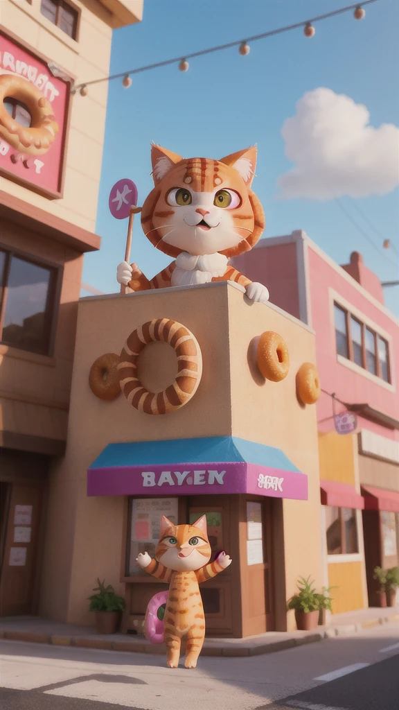 「A big ginger cat spots a colorful donut shop sign on a street corner.、Drooling。」

Stopping on a street corner、A big ginger cat spots a colorful donut shop sign、Drooling。The sign has colorful donuts on it.、It looks very delicious。
