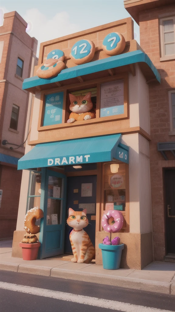 「A big ginger cat spots a colorful donut shop sign on a street corner.、Drooling。」
Stopping on a street corner、A big ginger cat spots a colorful donut shop sign、Drooling。The sign has colorful donuts on it.、It looks very delicious。