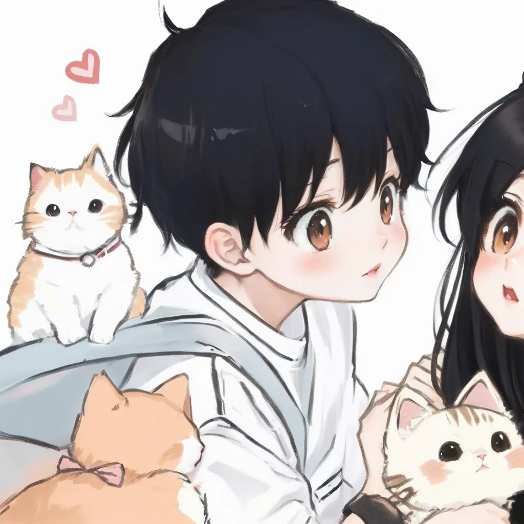 Cartoon couple lying in bed with cat and kitten，There is a love heart on the head, Anime style, Anime cat, Animated visual of cute cats, Cute anime, Cute anime style, Anime style, cute Anime catgirl, Anime Lovers, Kawaii anime comic style, Anime art style, 日本Anime style, Anime catgirl, Anime art style, Anime girl with cat ears