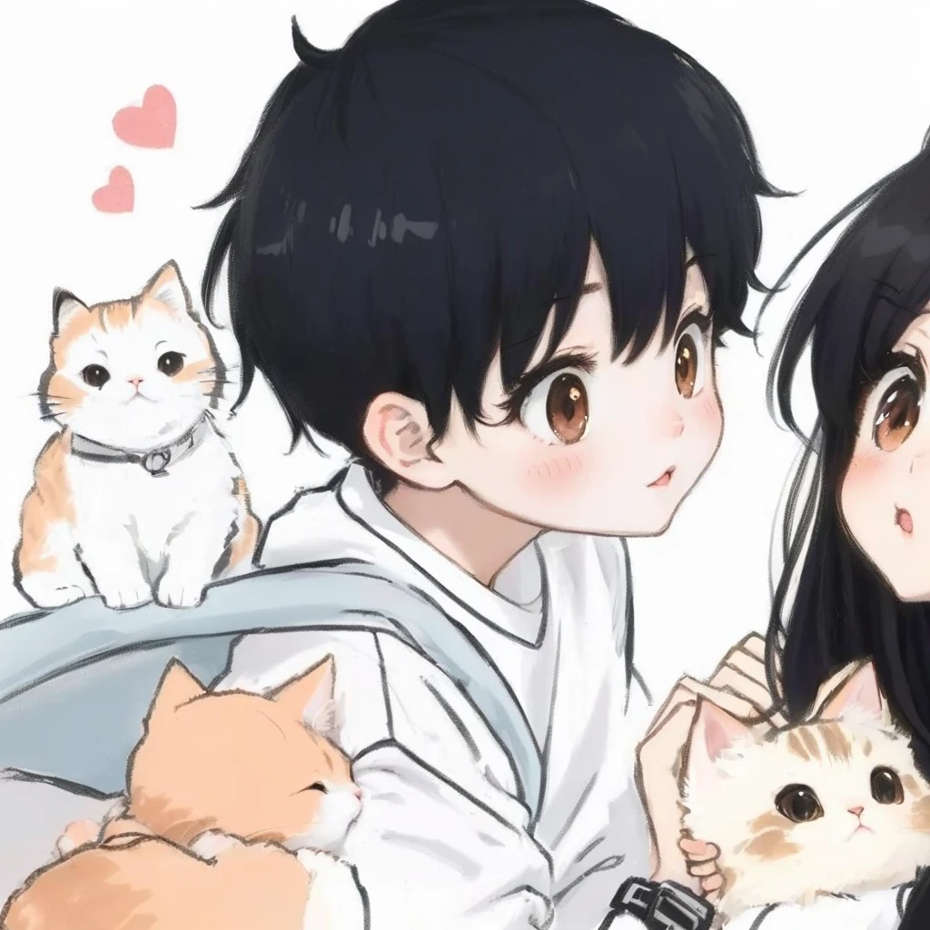 Cartoon couple lying in bed with cat and kitten，There is a love heart on the head, Anime style, Anime cat, Animated visual of cute cats, Cute anime, Cute anime style, Anime style, cute Anime catgirl, Anime Lovers, Kawaii anime comic style, Anime art style, 日本Anime style, Anime catgirl, Anime art style, Anime girl with cat ears