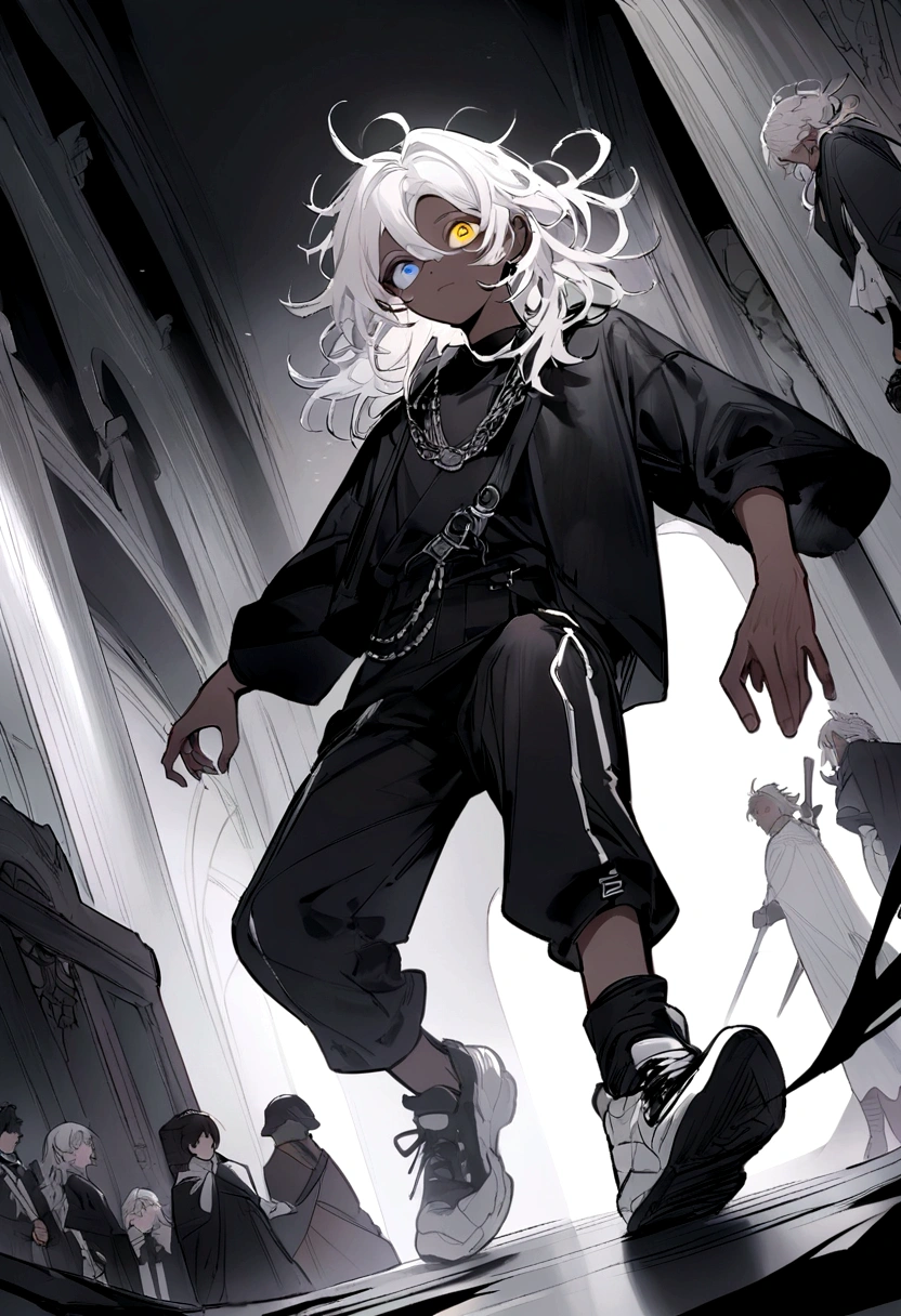 (best qualityer, work of art, colorfully, dynamic angle, highest detailed)It has a black shirt with silver details, a black hunt, and black and white sneakers ,yellow and black eyes heterochromia, dark expression , Messy hair , Medium length hair , 1 men , black and white hair more black than white , two tone hair , dark skin color has, is using the malevolent sanctuary domino expansion