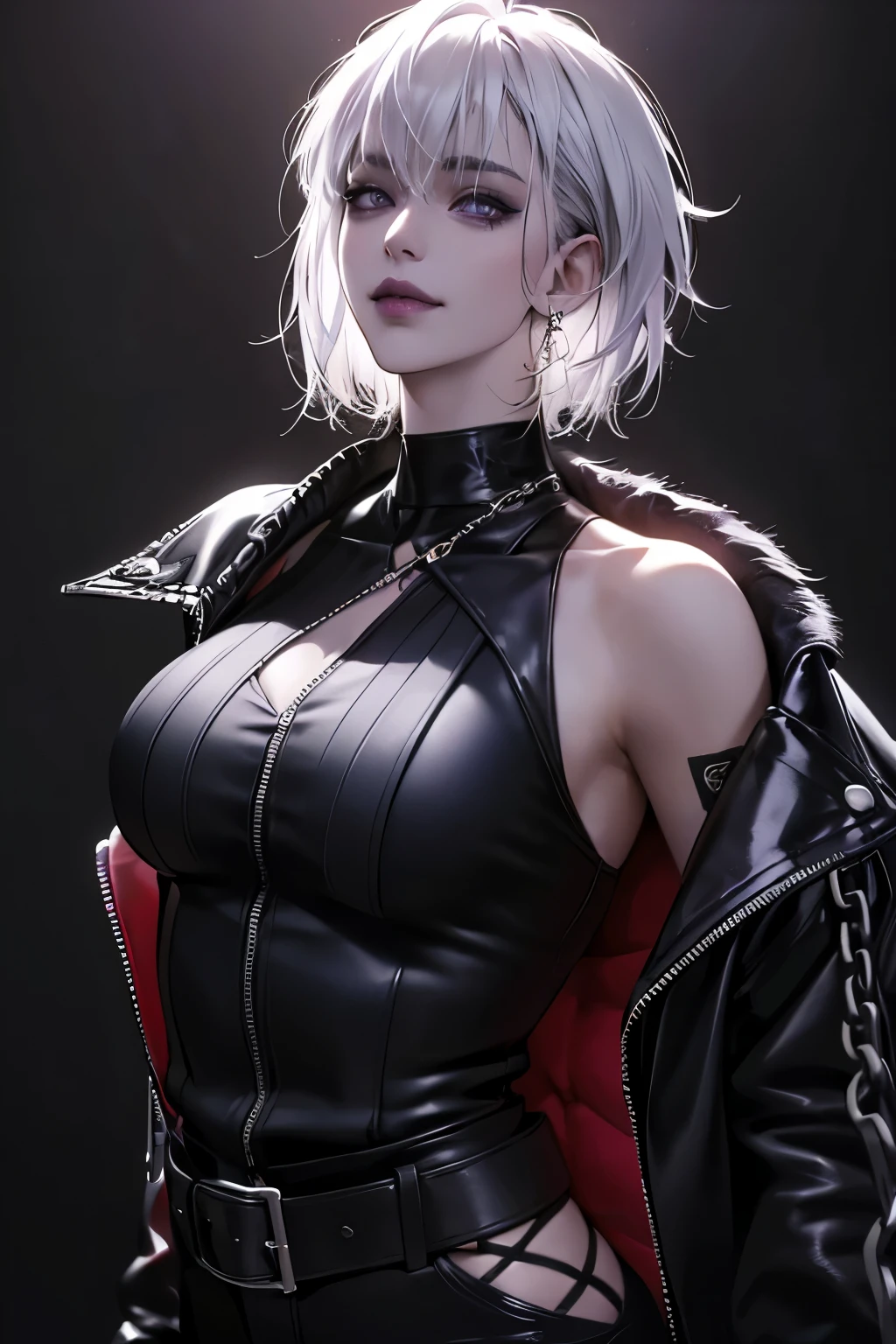 a punk girl, student, hooligan, short messy white hair, purple eyes, black punk clothes, punk, chains, black sleeveless top, baggy black pants, sadistic smile, aggressive, dark purple lipstick, thug, (best quality,4k,8k,highres,masterpiece:1.2),ultra-detailed,(realistic,photorealistic,photo-realistic:1.37),cinematic lighting,dramatic shadows,gothic,dark fantasy,moody,dramatic, leather jacket hanging from the shoulders pumped up muscles