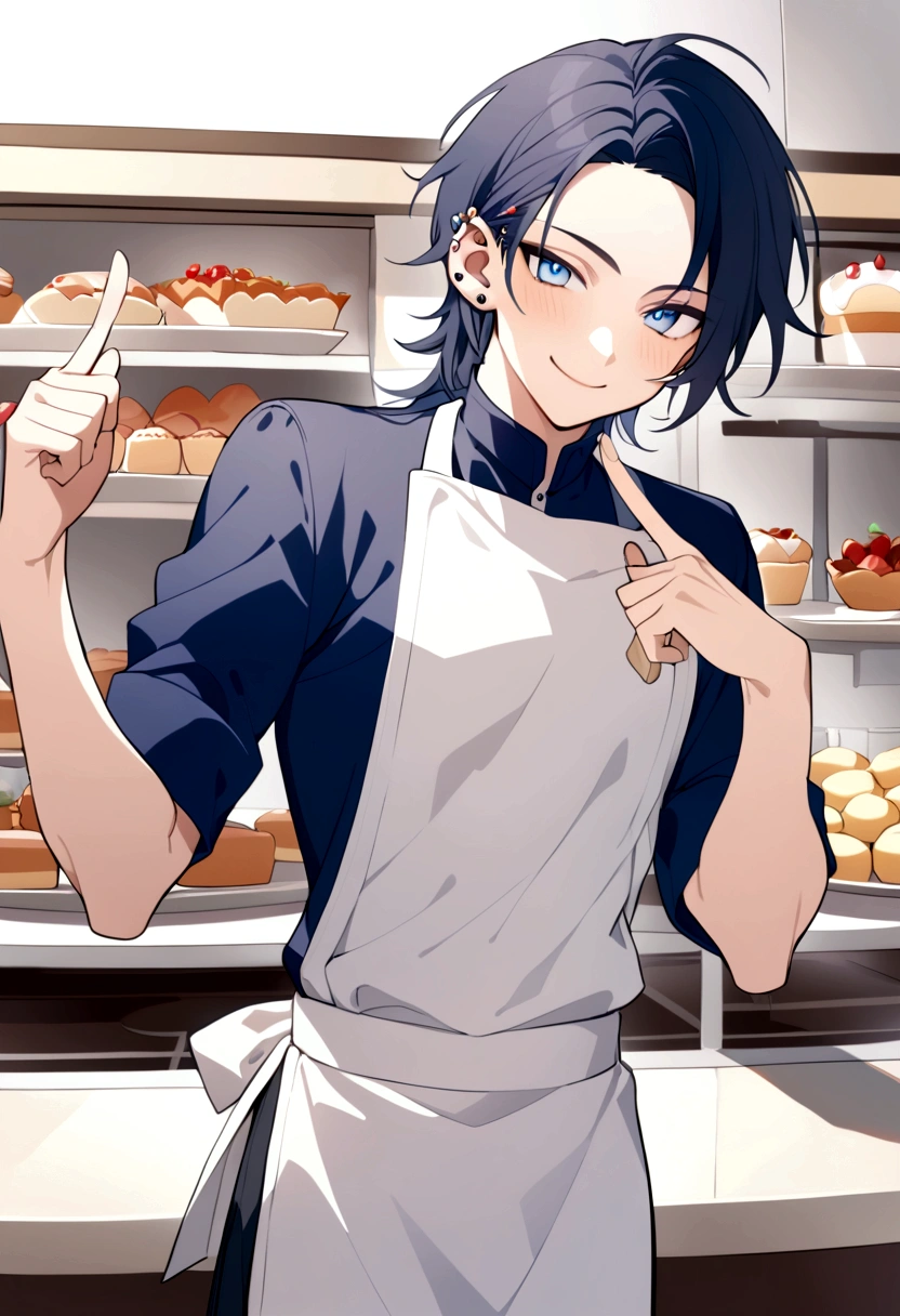 1man, male, 25 years old, flirty, dark blue shoulder length hair, one side the hair is tucked behind his ear with piercings, blue eyes, flirty expression and smile, pointing a finger to his cheek, holding a praline in his other hand, wearing bakers uniform, in a bakery