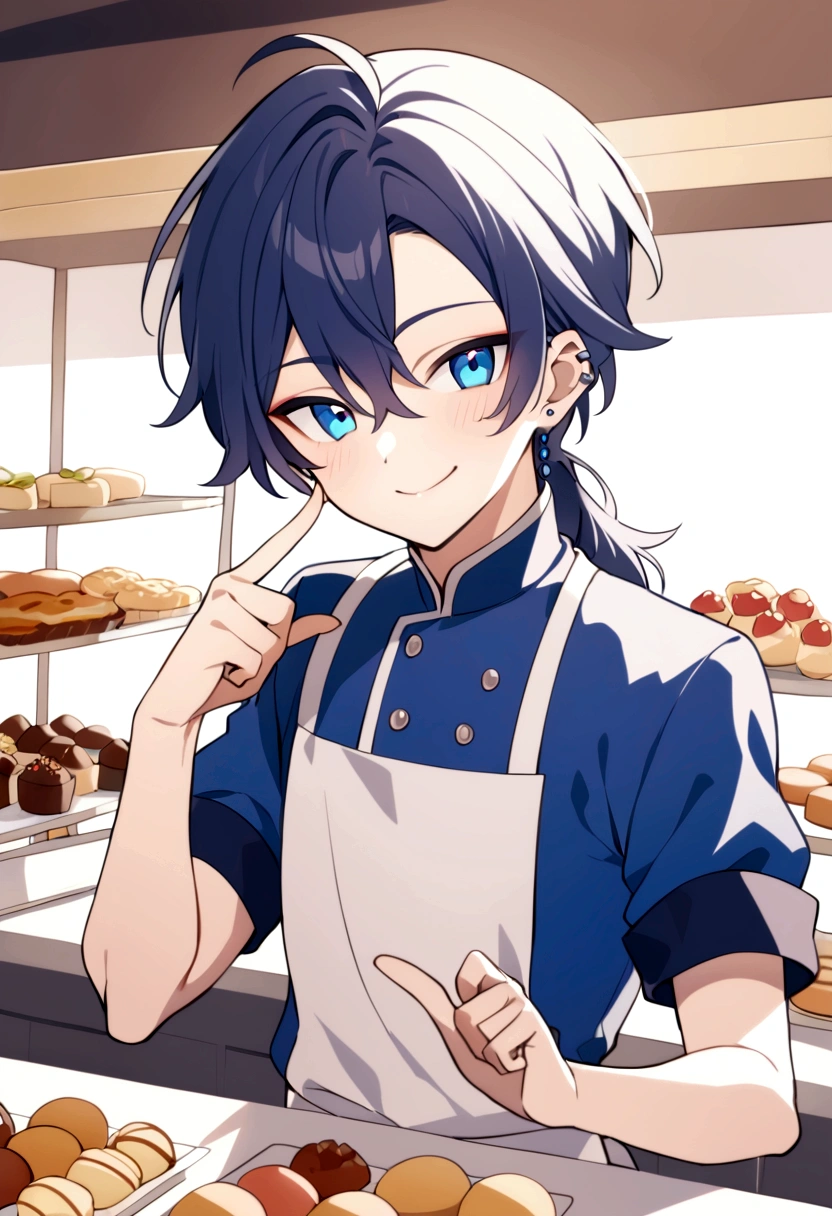 1man, male, 25 years old, flirty, dark blue shoulder length hair, one side the hair is tucked behind his ear with piercings, blue eyes, flirty expression and smile, pointing a finger to his cheek, holding a praline in his other hand, wearing bakers uniform, in a bakery
