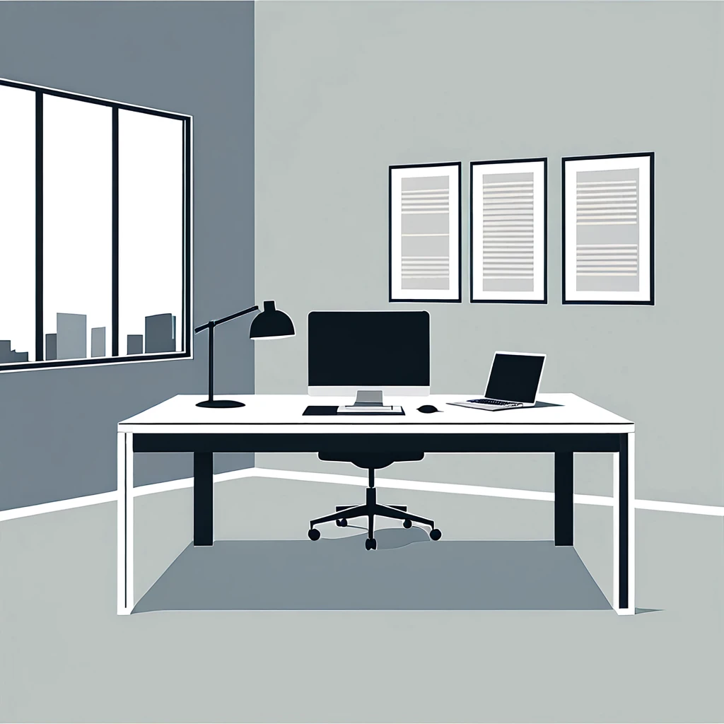 flat vector illustration of an office, clear off background, minimalistic, clean lines, adobe illustrator