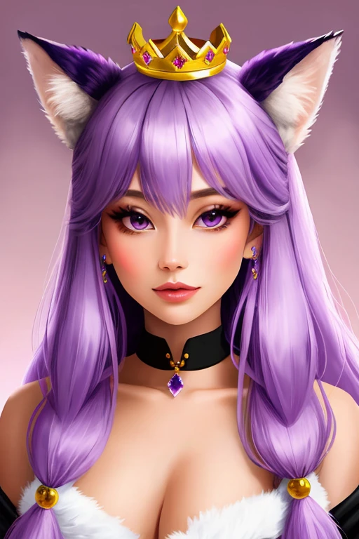 lavender and white fur fox with nine foxtails, purple eyes, and a crystal crown on it's head
