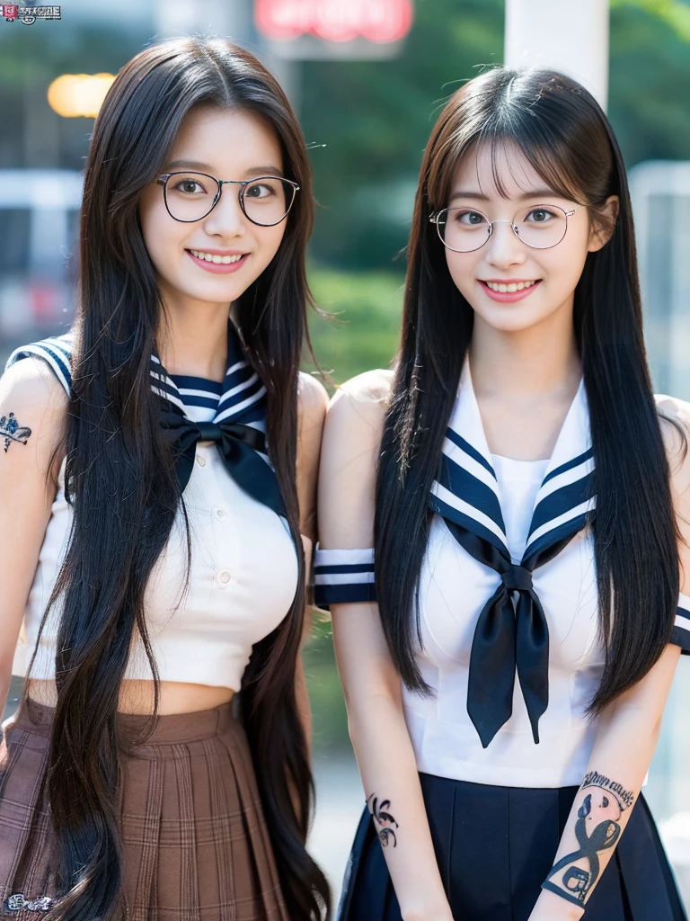 (A super cute Korean high school girl duo wearing Korean-style glasses takes a photo 1.2)(grin,Smile)(Beautiful Sweat:1.1)(16K, RAW Photos, Highest quality, masterpiece: 1.2),(Shiny black hair) Super detailed, Super Resolution, (Genuine, Genuine photos: 1.37), Portraiture, High-resolution RAW color photos, Professional photos, Very detailed, 8k wallpaper, Very detailed CG Unity 8k wallpaper, Very detailed beautiful girls, Very detailed faces, ((whole body)), beautiful woman, Huge breasts,(huge boobs:1.1) (Big Boobs:1.1), Beauty college student (A tight, girly sailor-style summer school uniform with ribbons),high School girl, Korean Girls,(K-POP Female Idols), (Idol-class beauty)(Beautiful high school girl:1.1)(School)(18-year-old)(Stylish school uniform-style outfit:1.1)(Group photo:1.2)(Tattoo,Tattoo:1.4)