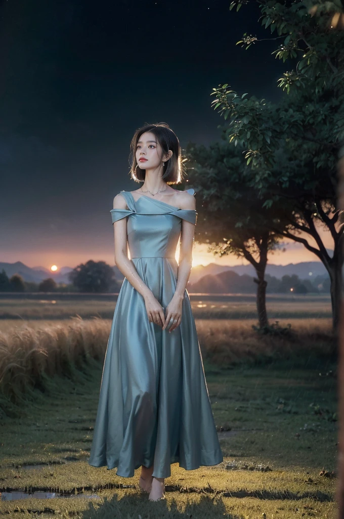 (((best quality))),(((ultra detailed))),(((masterpiece))),illustration,((1 beautiful girl,solo)),((slim,thin,flat chest)),(shoulder length straight bob hair:1.2),flowing hair,fair skin,(shiny skin:1.3),detailed eyes,laughing,(blue dress:1.3),delicate necklace,grass,dewdropletts,trees,bird chirping,serenity,gratitude,awe,wonders of nature,peace,contentment,magnificent world,summer,(pitch-dark dawn:1.5),(night scene:1.3),upper body,from front,after rain,(wet:1.3),standing,on the path,confident gaze,elegant posture,mysterious atmosphere,solemn mood,dawn approaching,detailed decorations,(sunrise:1.3),rainbow,(Rural Landscape:1.2)