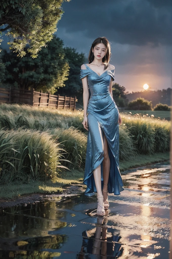 (((best quality))),(((ultra detailed))),(((masterpiece))),illustration,((1 beautiful girl,solo)),((slim,thin,flat chest)),(shoulder length straight bob hair:1.2),flowing hair,fair skin,(shiny skin:1.3),detailed eyes,laughing,(blue dress:1.3),delicate necklace,grass,dewdropletts,trees,bird chirping,serenity,gratitude,awe,wonders of nature,peace,contentment,magnificent world,summer,(pitch-dark dawn:1.5),(night scene:1.3),upper body,from front,after rain,(wet:1.3),standing,on the path,confident gaze,elegant posture,mysterious atmosphere,solemn mood,dawn approaching,detailed decorations,(sunrise:1.3),rainbow,(Rural Landscape:1.2)