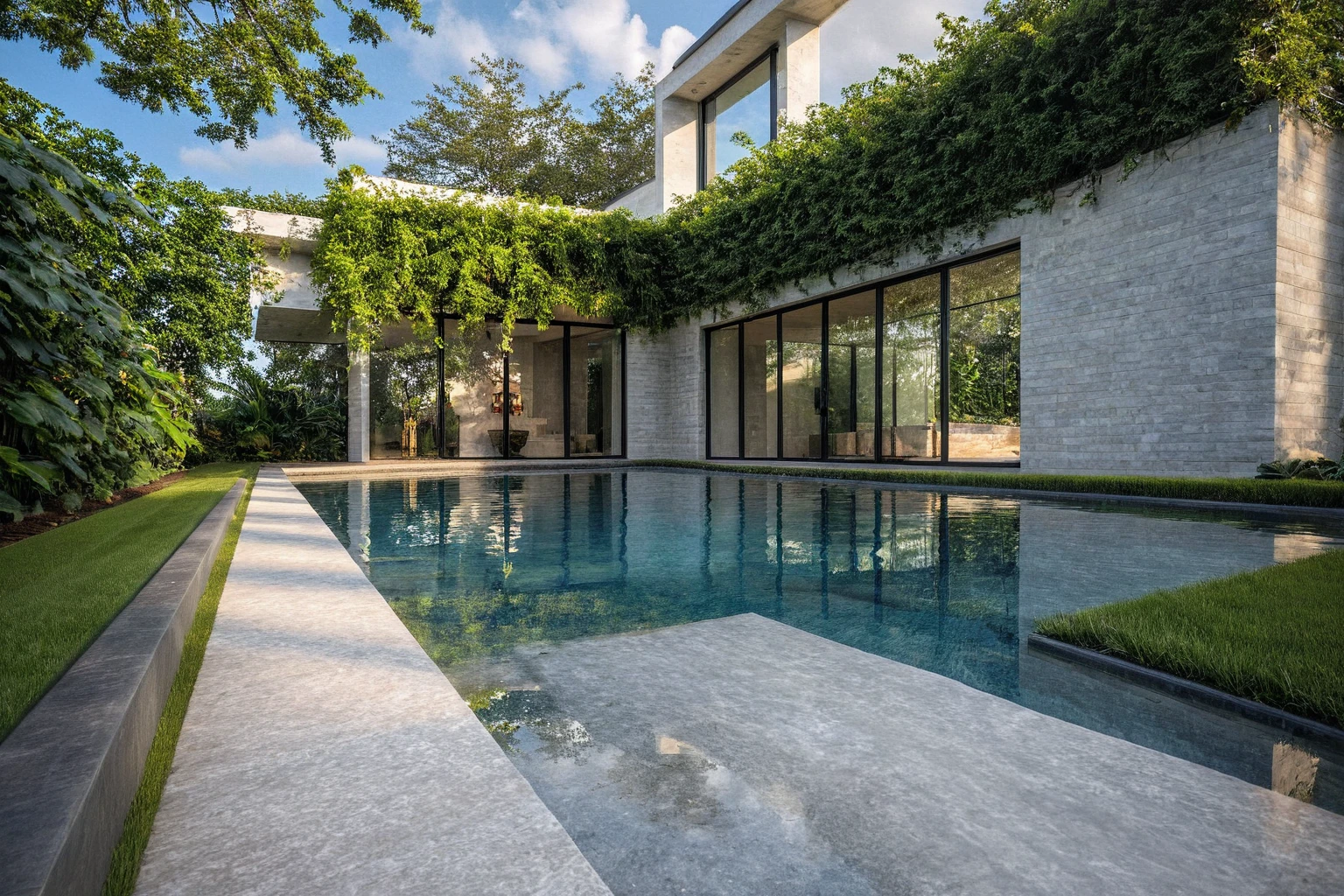 Masterpiece, high quality, best quality, authentic, super detail, outdoors, onestoreyvillaXL, aiaigroup, house style modern in the garden, swimming pool:1.3, tropical trees ,stairs, white wall ,rook hill, grass, trees, sky, cloud, (daylight:1.1)
