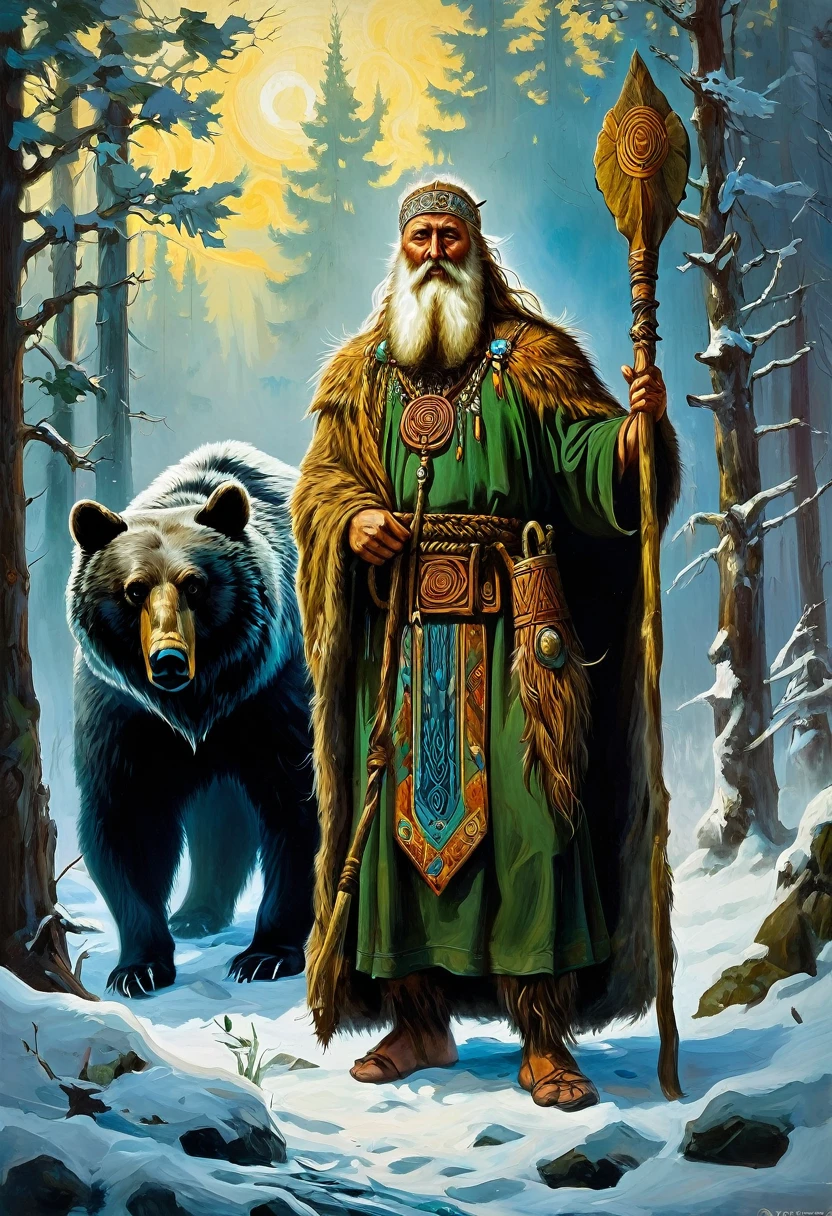 Painting of a man with beard and staff standing next to a bear, druid, Slavic mythology, Russian shaman, fantastic proto-Slavic mythology, druid, Scandinavian god, by Fedor Slavsky, Painted portrait of the stern Odin, Celtic druid, Russian academic painting, by György Vastág