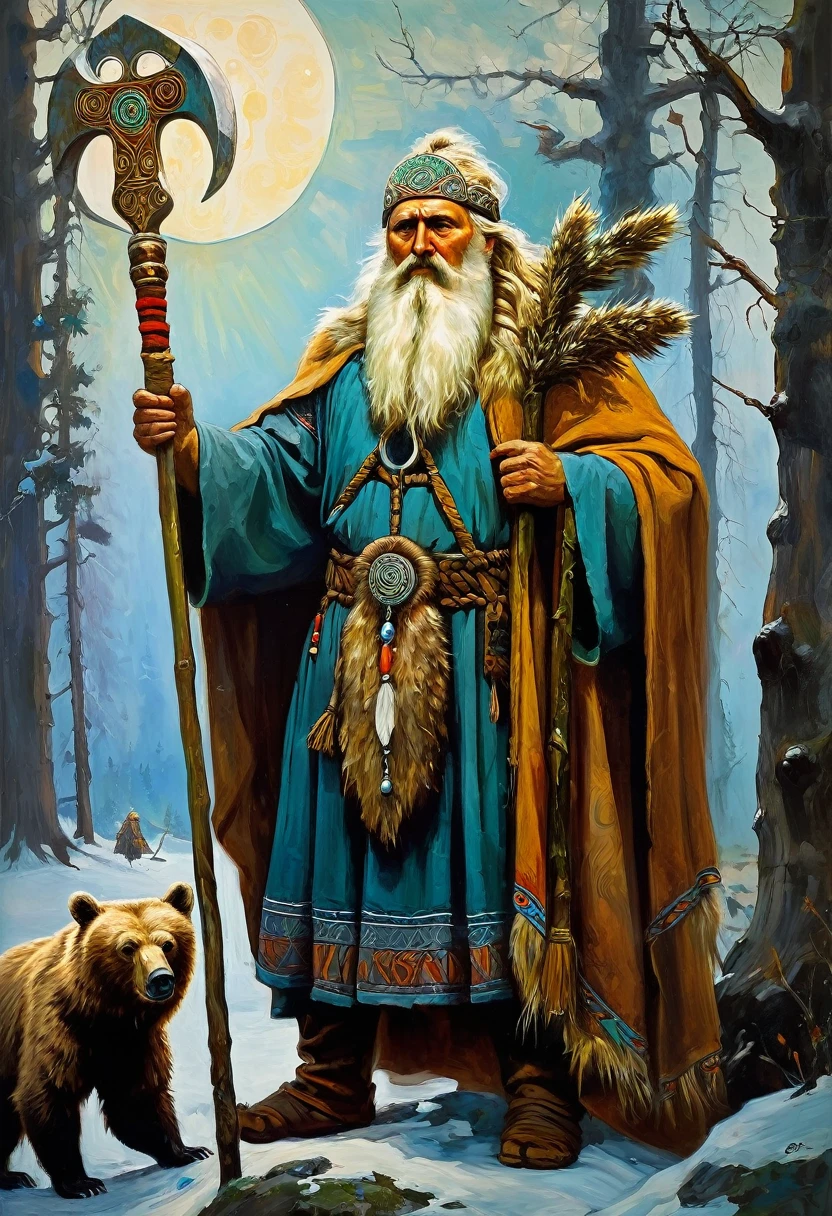 Painting of a man with beard and staff standing next to a bear, druid, Slavic mythology, Russian shaman, fantastic proto-Slavic mythology, druid, Scandinavian god, by Fedor Slavsky, Painted portrait of the stern Odin, Celtic druid, Russian academic painting, by György Vastág