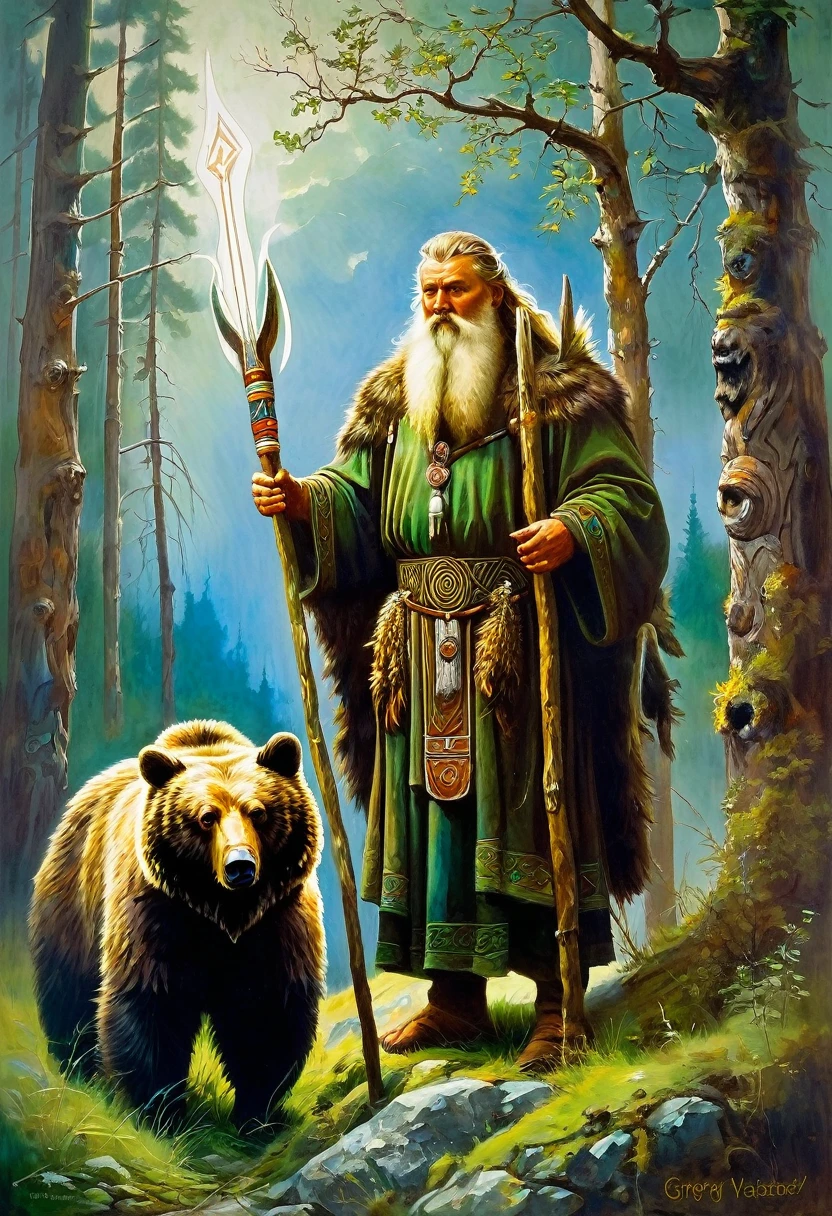 Painting of a man with beard and staff standing next to a bear, druid, Slavic mythology, Russian shaman, fantastic proto-Slavic mythology, druid, Scandinavian god, by Fedor Slavsky, Painted portrait of the stern Odin, Celtic druid, Russian academic painting, by György Vastág