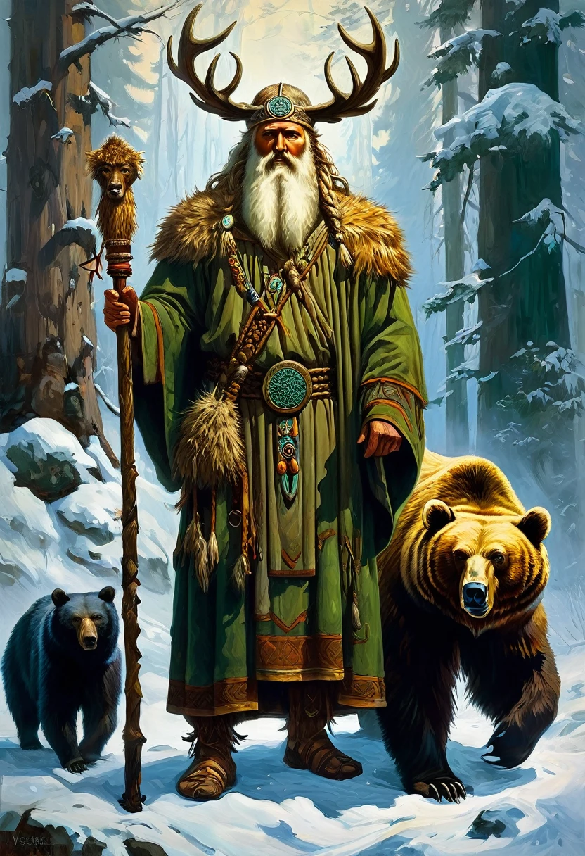 Painting of a man with beard and staff standing next to a bear, druid, Slavic mythology, Russian shaman, fantastic proto-Slavic mythology, druid, Scandinavian god, by Fedor Slavsky, Painted portrait of the stern Odin, Celtic druid, Russian academic painting, by György Vastág