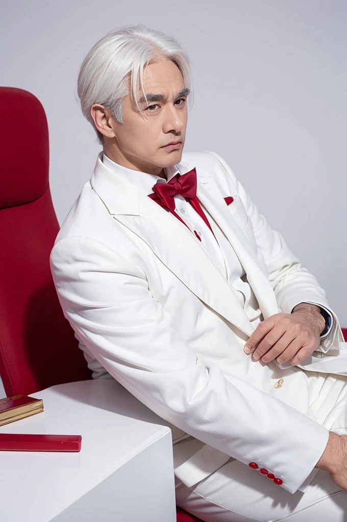Chairman,Round Face,White Suit,Red tie,desk,Off-white hair。