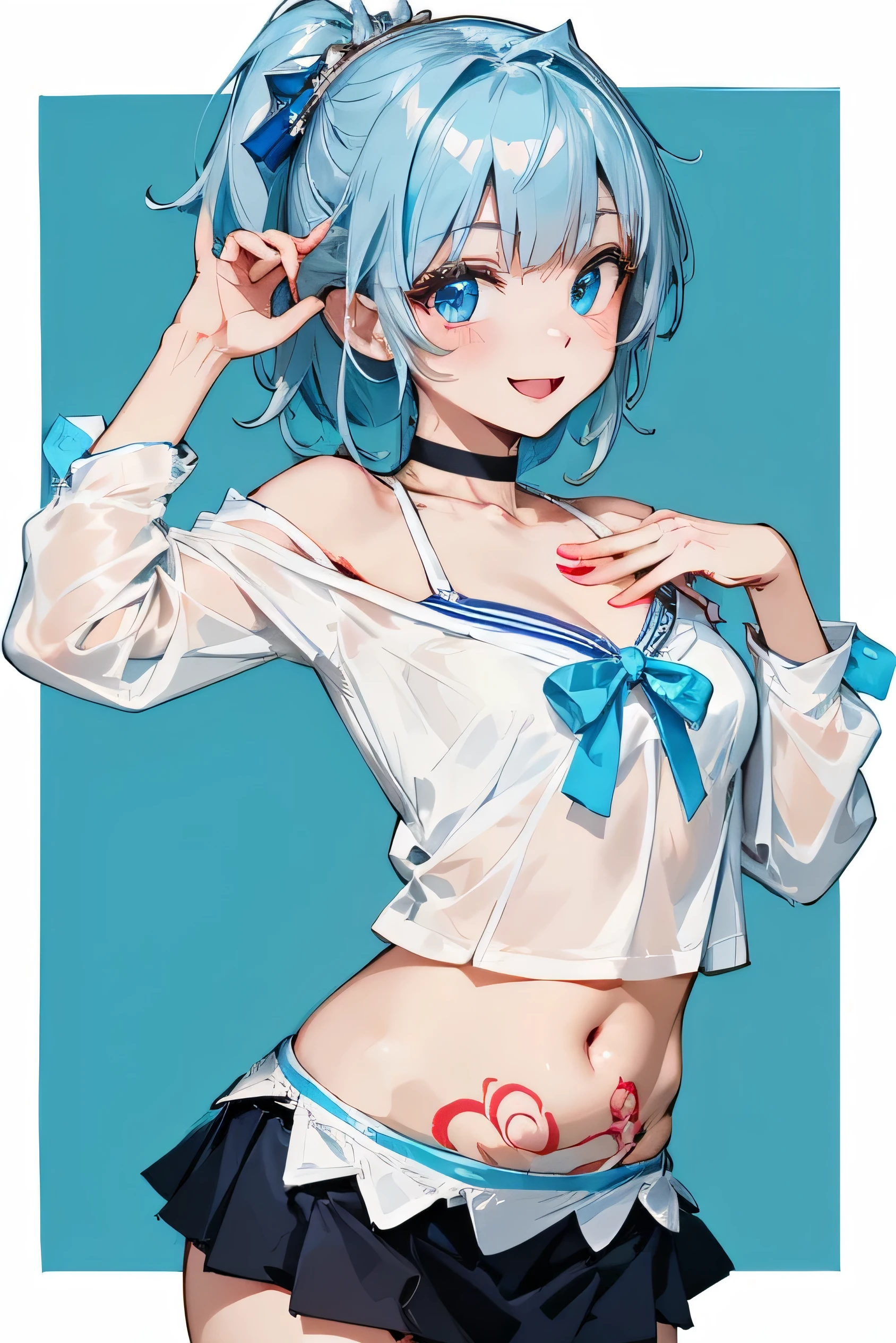 (Super detailed、Ultra-high resolution、Detailed Background)、((Flat Color))、((colorful))、((浮かぶcolorfulな水))、One female secretary in the office、body paint、Pop tattoo on belly、Big Breasts、Sexy Random Pose、Angle seen from behind、Turn around、
(Medium Hair、Vermilion blue silver hair、hair ornaments)、Beautiful blue eyes、Beautiful red lip、(blouse、Black Micro Mini Skirt、choker)、(fun、smile、A rich expression)、
I can see her white panties、Tiny Panties