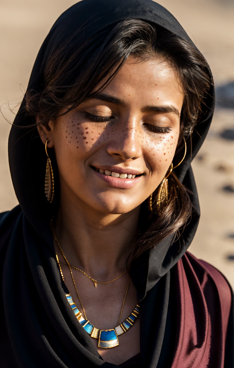 (Close-up, editorial photograph of a 20 year old woman), (highly detailed face:1.4) (smile:0.7) (background inside dark, moody, private study:1.3) POV, by lee jeffries, nikon d850, film stock photograph ,4 kodak portra 400 ,camera f1.6 lens ,rich colors, hyper realistic ,lifelike texture, dramatic lighting , cinestill 800, wavy hair, messy hair, Mischievous smirk, Black hair, freckles, Closed Eyes, jewels, necklace, Arabic Cloak, Arabic Scarf, Arabic Hijab, Astral Plane, Black Round Sunglasses, Ozzy Osbourn Sunglasses, Sun, Sand, Desert, Arabian expressions, Egyptian woman, Arabian skin, Golden Aura, shadow queen