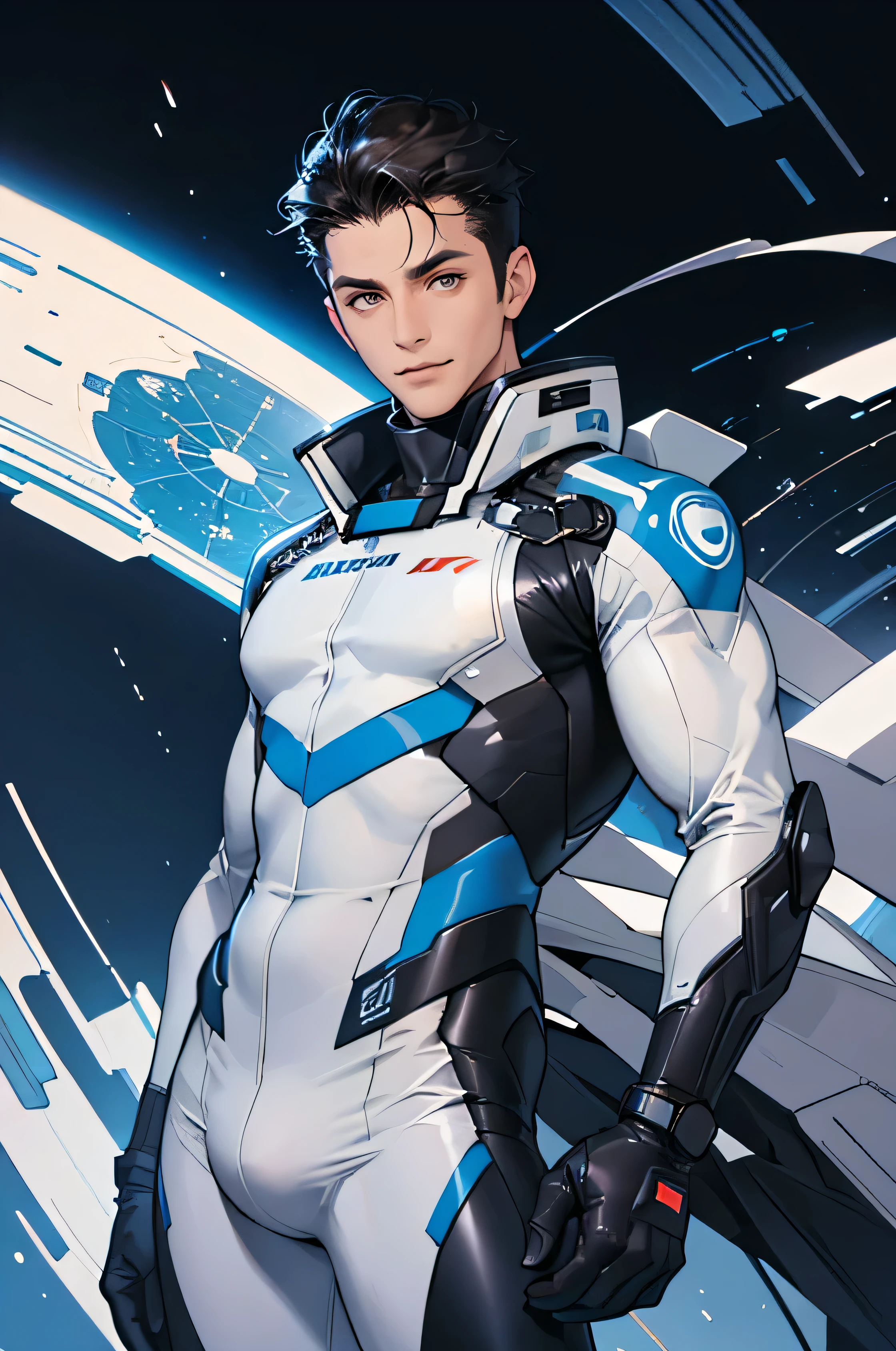 Handsome cyborg, 28 years old. 　brown eyes　future　universe　science fiction　The background is the galaxy universe　The white and blue latex outfit was very tight.　plug set　glove　Looking at the camera　White belly　very short, Cropped black hair　　Smile up