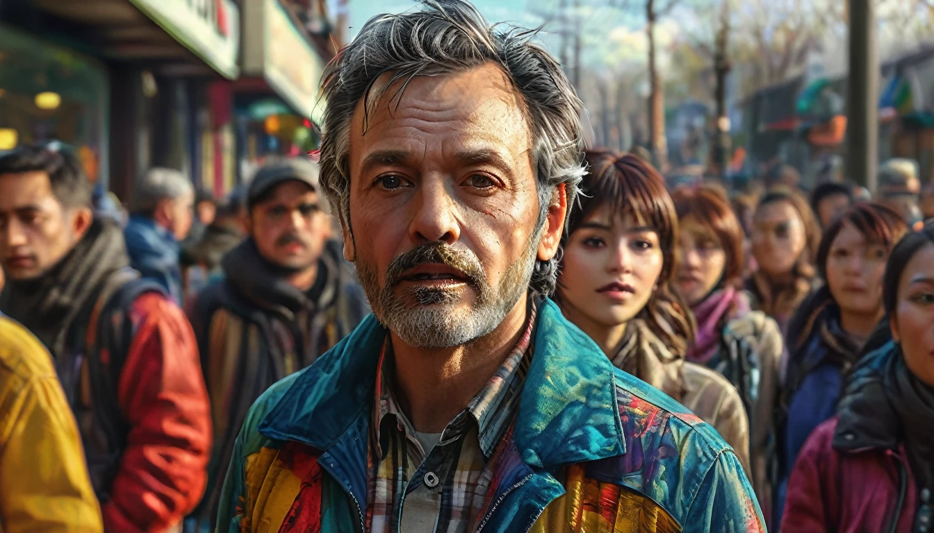 Middle-aged man with people walking away. Full body, wide angle, 4K (man) high resolution, sharp focus, (ultra detailed, highly detailed), (photorealistic artwork: 1.37), (highly detailed CG Unity 8k wallpaper), ((vibrant colors, vibrant theme))), (intricate), (masterpiece), (best quality), art photography, (photo by sldr), (intricate background), perfectly rendered face, perfect facial details, realistic face, photorealistic, ((intricate details)), (((realism))), full body, wide field of view,